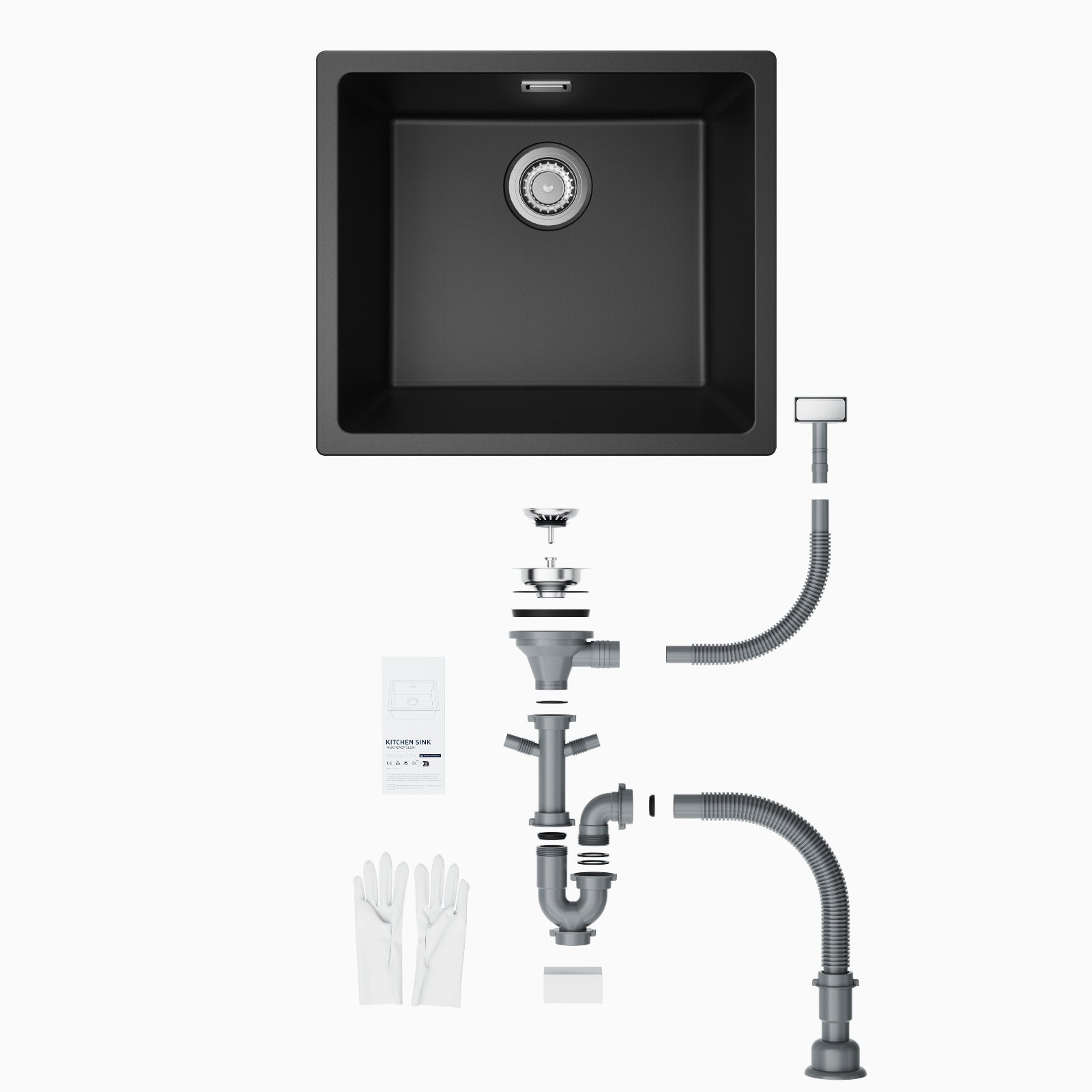 Fregadero de cocina de granito de 50*45 cm, kit de drenaje Eveir de 1 tazón, fregadero de cocina incorporado, fregadero de encimera negro - 9