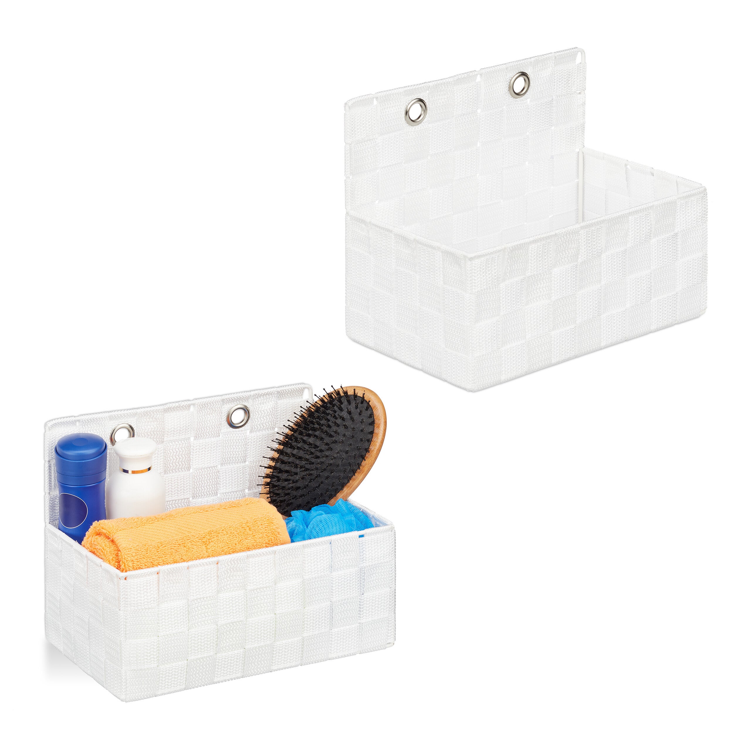 Lot De 2 Paniers De Rangement Avec Couvercle - Aspect Tressé Blanc, 10,5 X 19,5 X 14,5 Cm, Pour Salle De Bain Ou Décoration