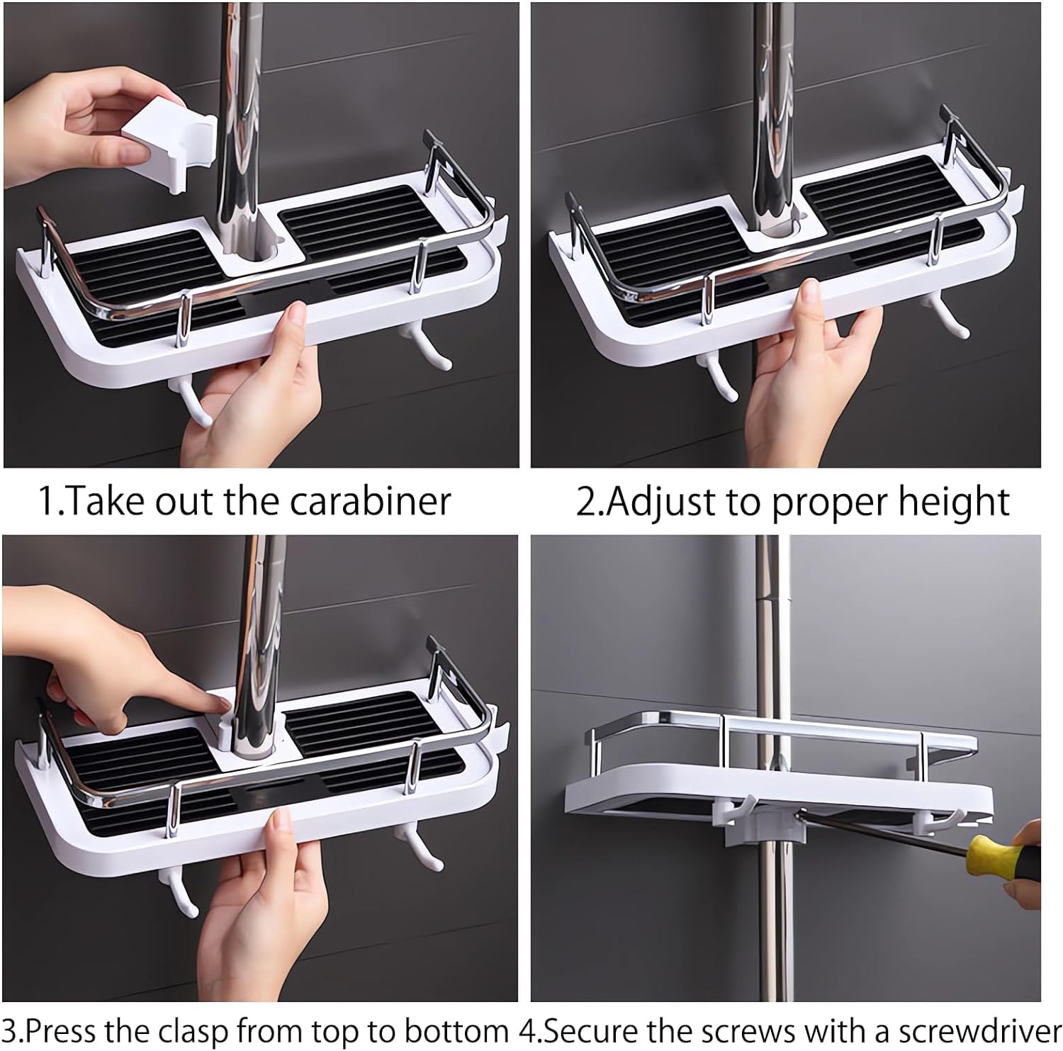 Organiseur de poteau de douche sans perçage, étagère de rangement avec crochet pour salle de bain pour barre coulissante de 24 mm - 4