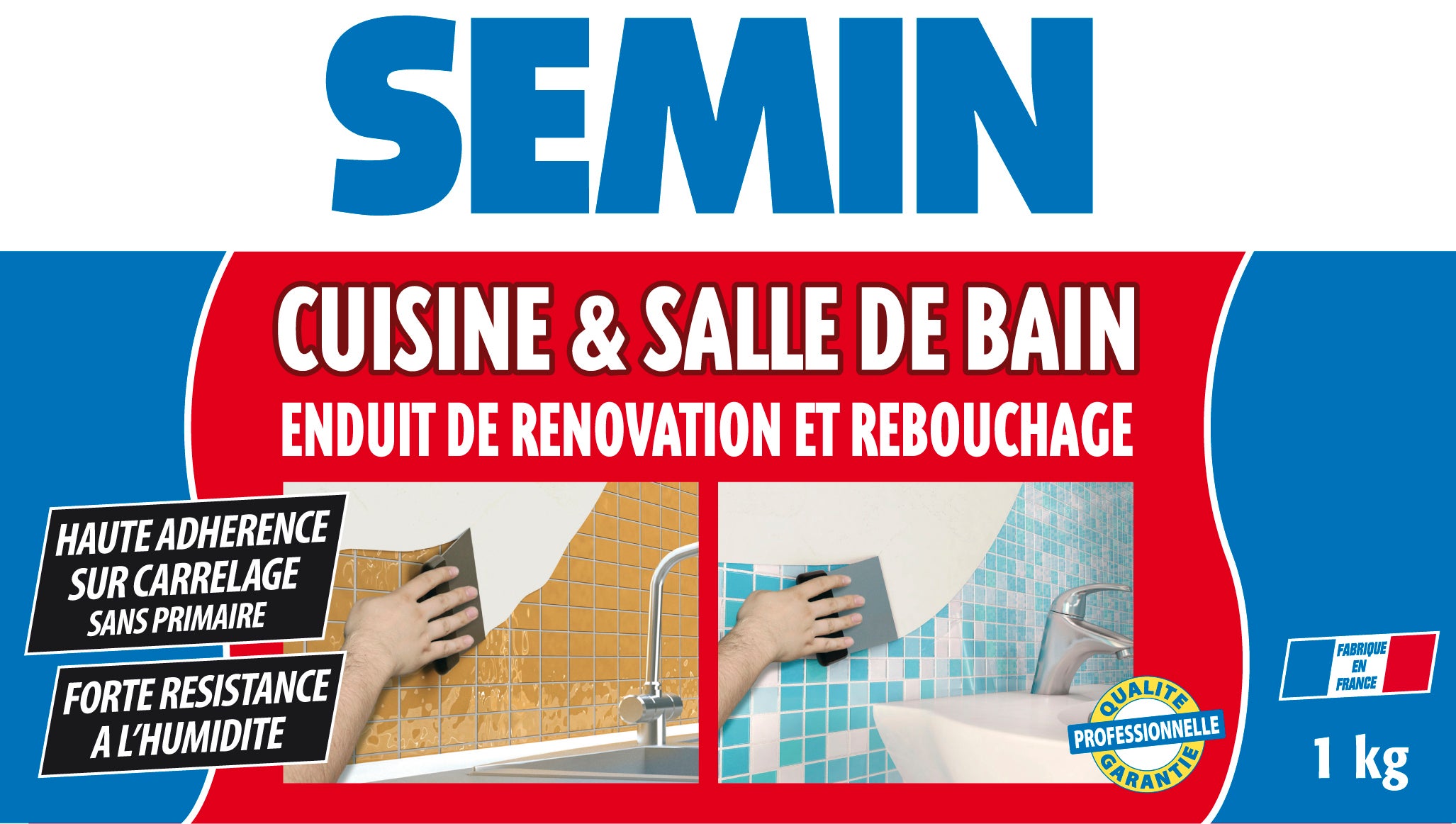 Enduit de rebouchage et rénovation spécial cuisine et salle de bain Semin - adapté aux pièces humides - seau de 1 kg - 4
