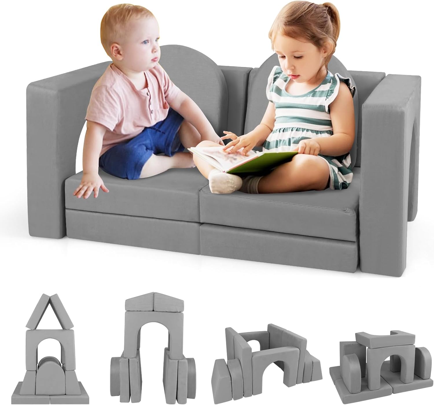 Sofá modular para niños de 8 piezas, set de bloques de espuma con funda de tela suede, espuma de alta densidad, sofá convertible para niños en el