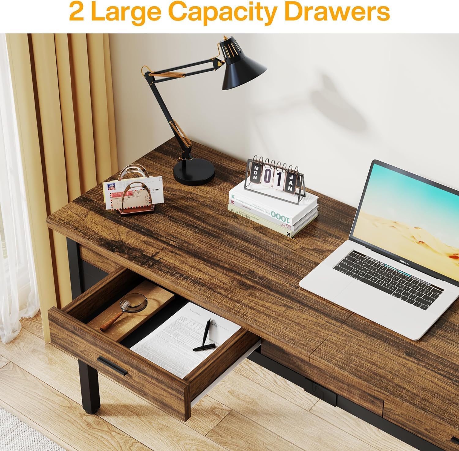 Bureau double 200cm de long table d'ordinateur avec 2 tiroirs, bureau, table de bureau - 7