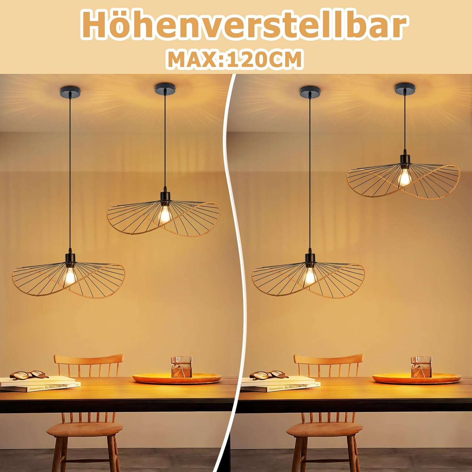 Lámpara colgante Nettlife Boho negra de 50 cm de diámetro - Lámpara de araña vintage de metal E27 - Lámpara para salón, (bombilla no incluida) - 7