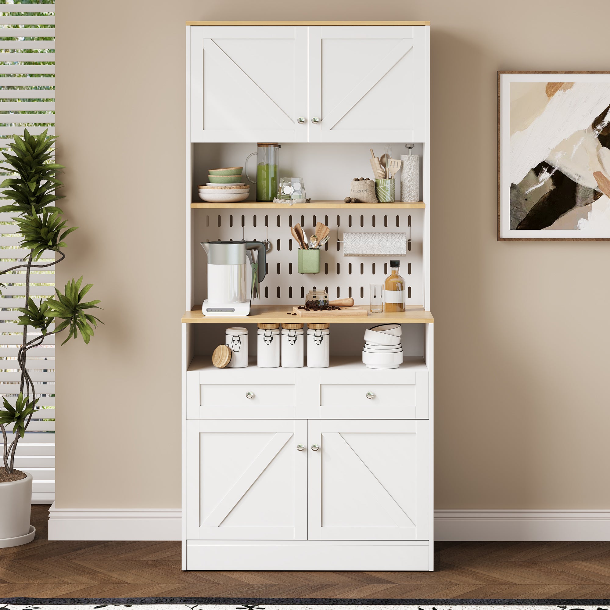 Kredens kuchenny z 2 szufladami, 4 drzwiami i półkami - 80 x 40 x 175 cm - Płyta wiórowa + MDF - Biały