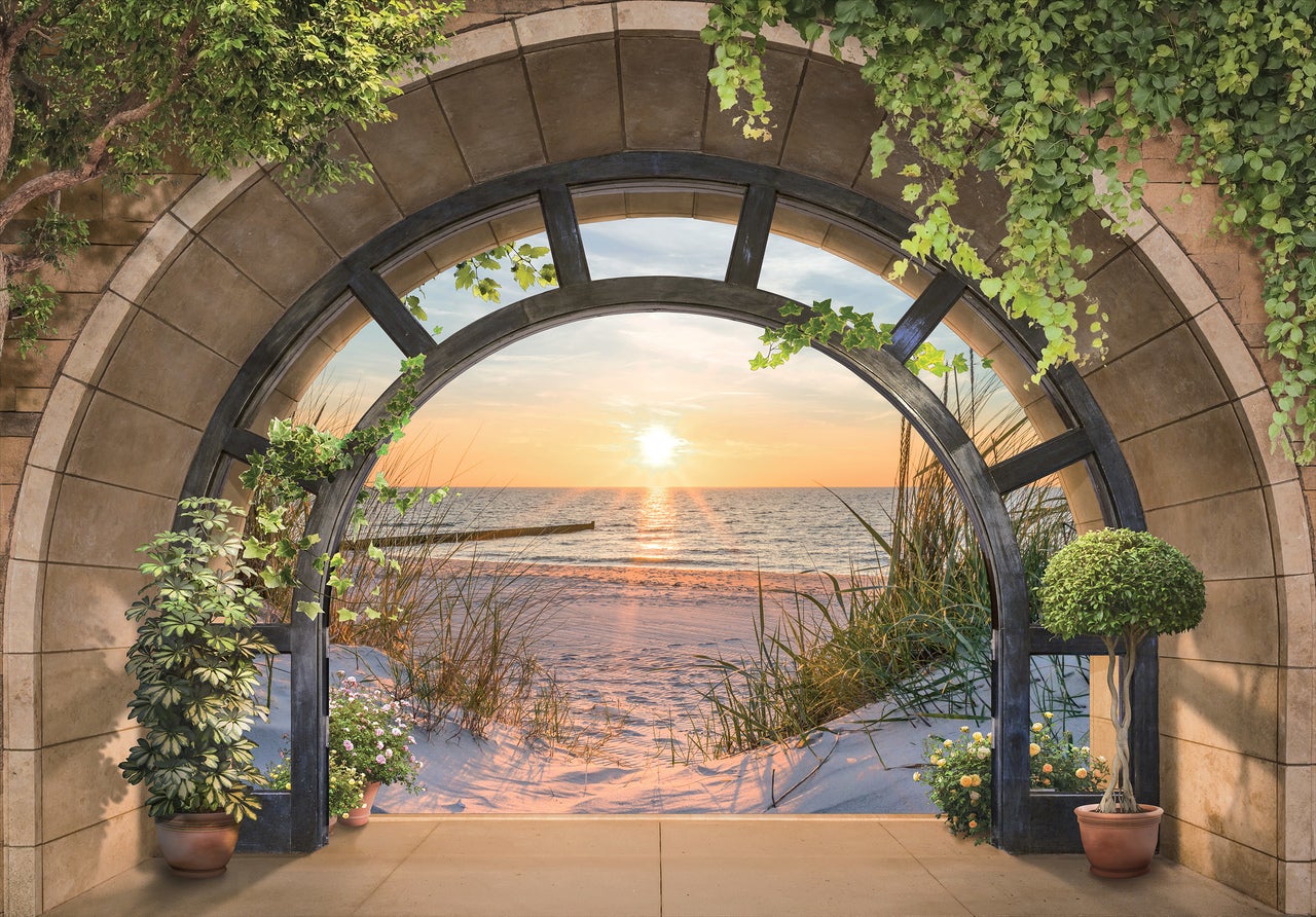 Papier Peint Intissé Panoramique Fenêtre Plage Mer 3D Effet Paysage