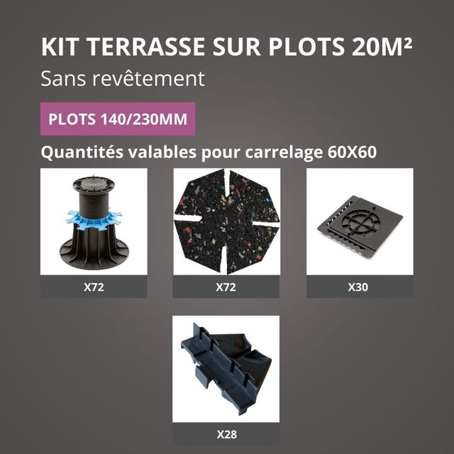 Kit Terrasse sur Plots Sans Revêtement 20M² - Sans Profilé - 140/230 mm - JOUPLAST