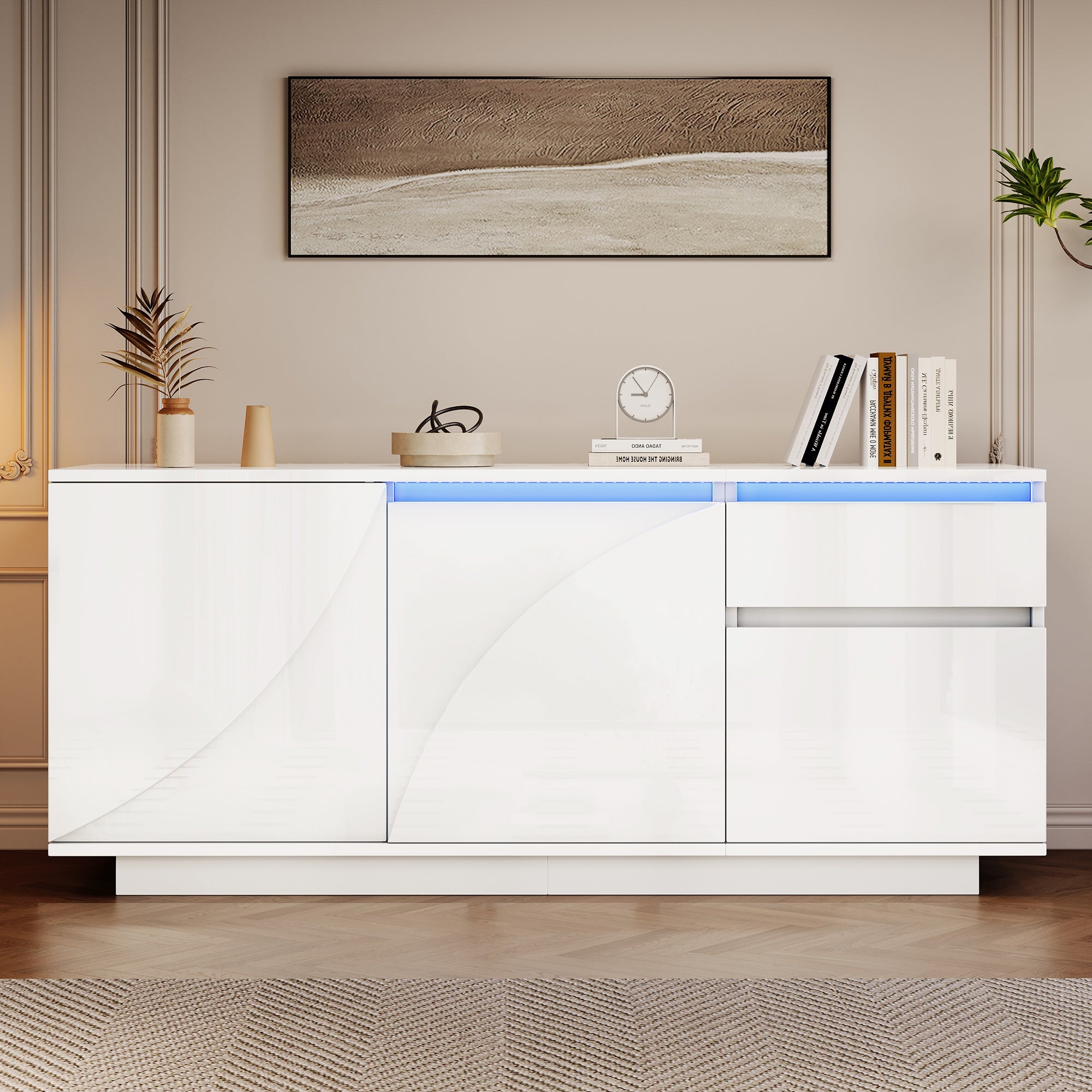 Komoda błyszcząca 140x40x60cm - 3 drzwi i 1 szuflada - z oświetleniem LED - z regulowanymi półkami - MDF - biała