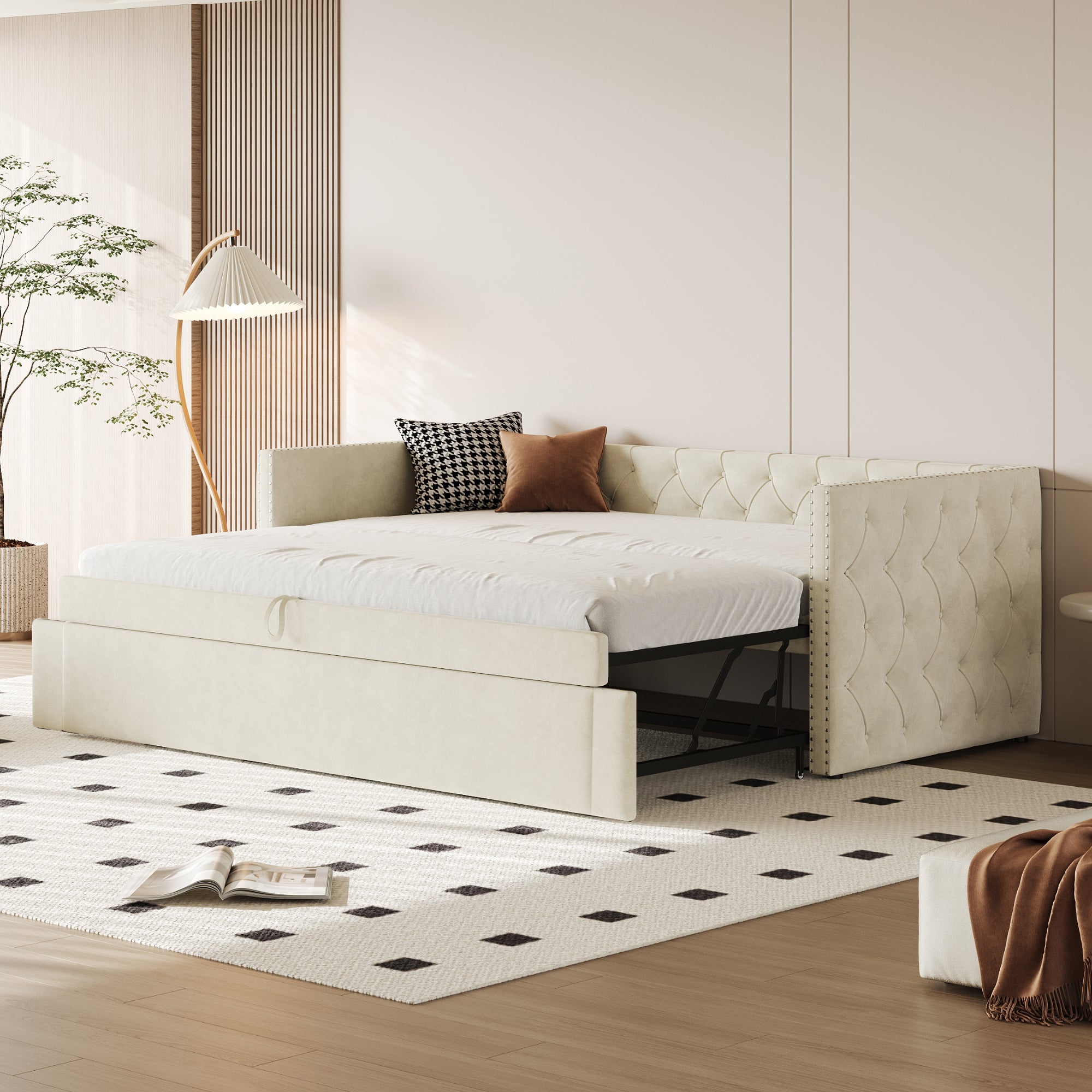 Łóżko wysuwane 90 x 200 cm z wezgłowiem i stelażem listwowym 90 x 190 cm, sofa rozkładana - Aksamit - Beż (bez materaca)