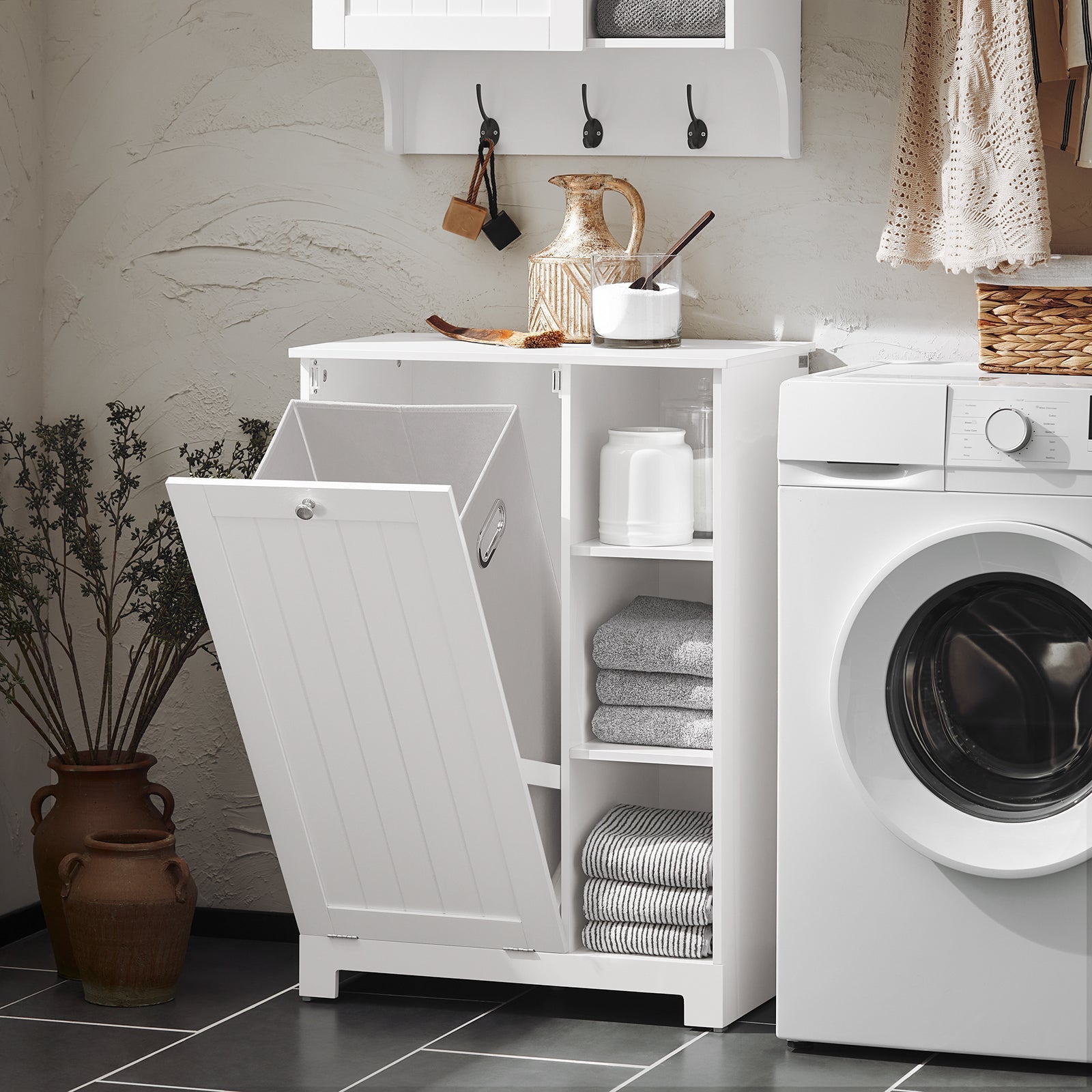 SoBuy Armoire à Linge 2-en-1 avec Sac Amovible, Meuble de Salle de Bain 3 Étagères et Panier à Linge, Blanc, BZR105-W - 8