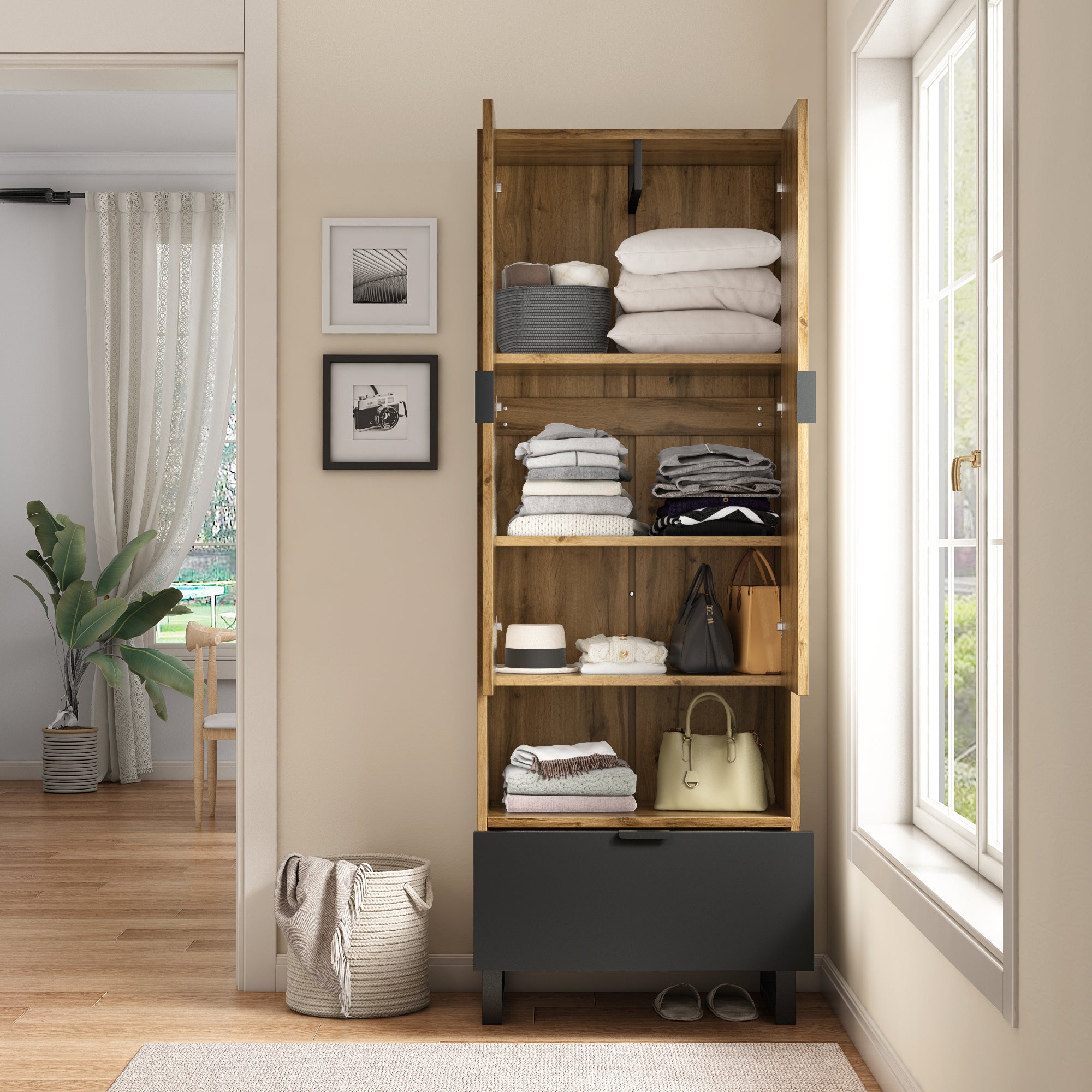 Vestiaire d'entrée avec 2 portes, 1 niche et 1 tiroir - Panneaux de particules - Naturel - 8