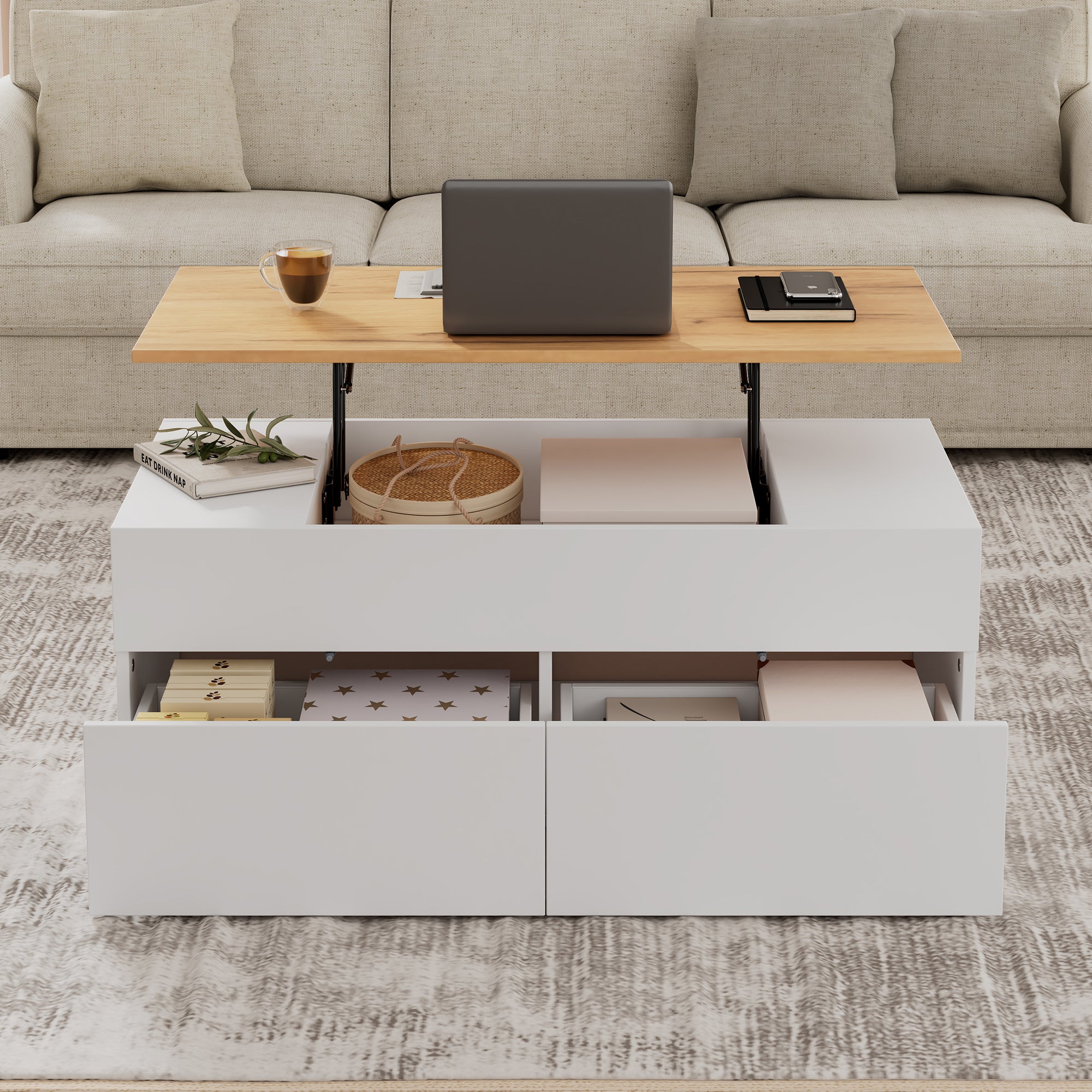 Table basse relevable 100 x 50 x 40 cm avec 2 tiroirs, rangement caché, en panneaux de particules, blanche - 6