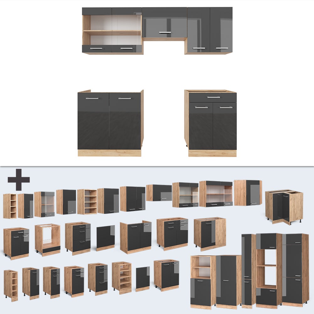 Cuisine équipée R-Line Vicco 200 Cm - Façades Anthracite Brillant/ Blanc, Sans Plan De Travail - Modulaire (armoires, Tiroir)