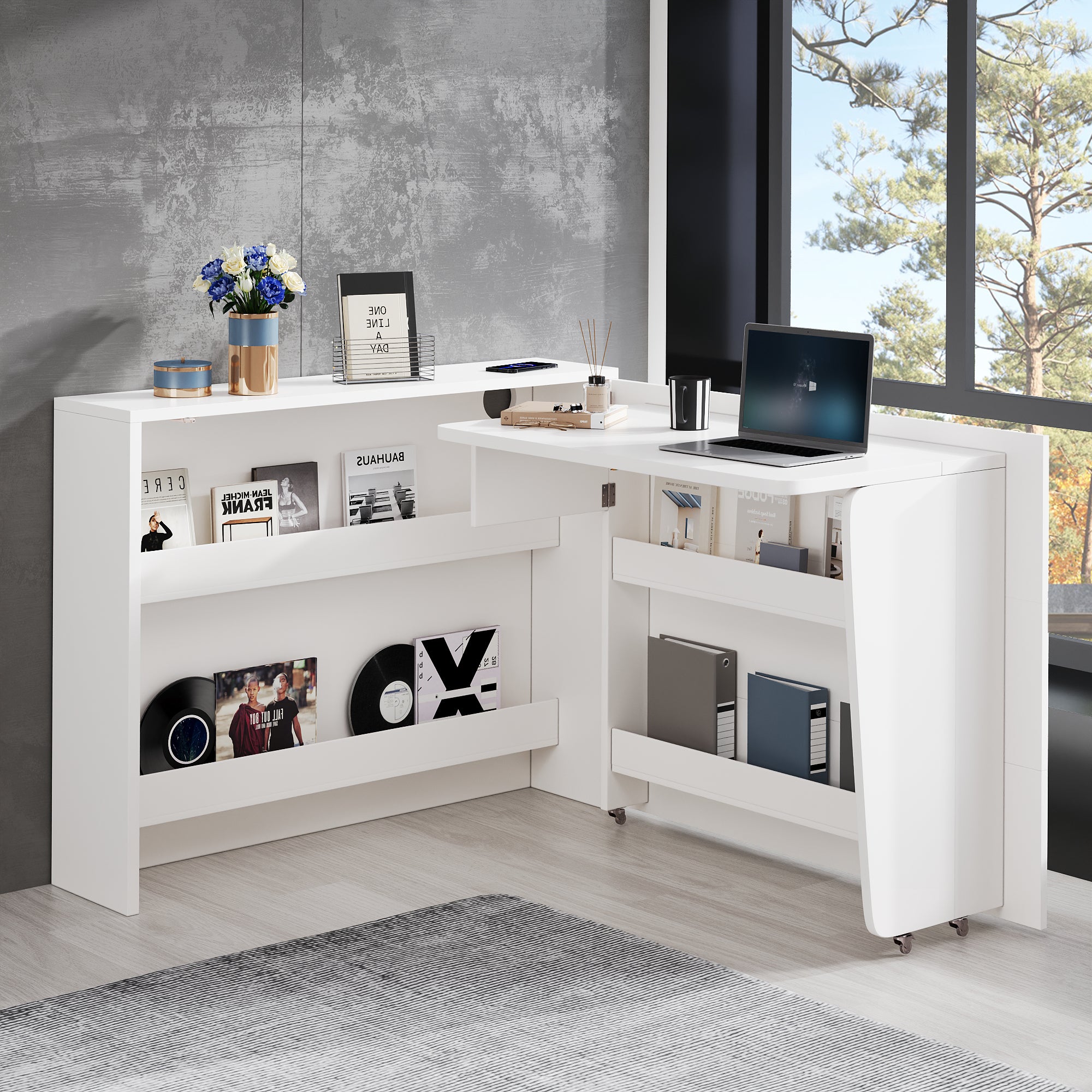 Bureau pliable 115x27x93 cm - avec fonction de charge sans fil - avec étagères et roulettes - Finition haute brillance - Blanc - 3