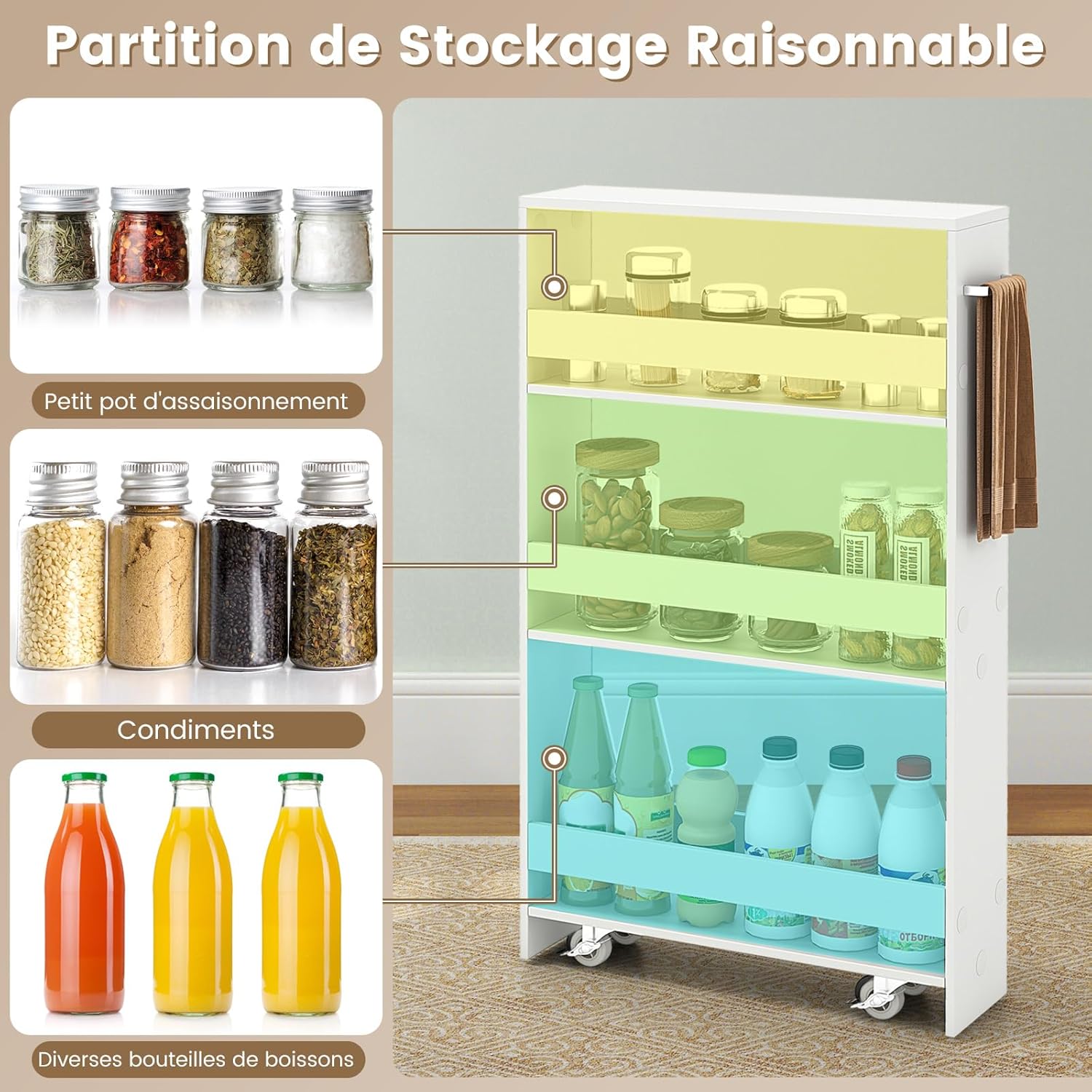 Chariot de Rangement Largeur 13 cm à roulettes, Desserte de Cuisine à 4 Niveaux, Poignée Latérale et Roues Universelles avec Freins (Blanc+ Blanc) - 5