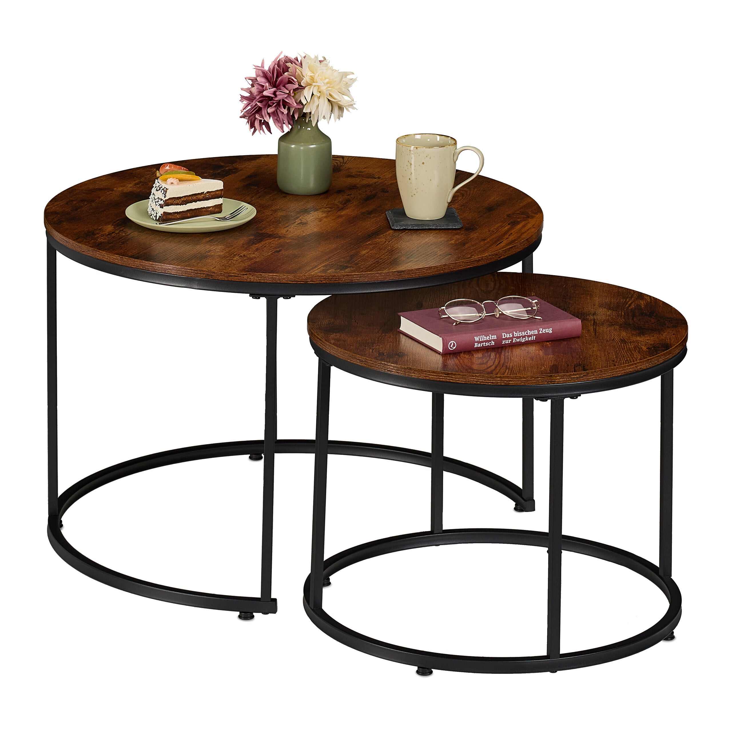 Relaxdays  Mesa Auxiliar, 2 Unidades, Efecto Madera Y Metal, Diseño Industrial, Mesas Redondas, Salón, Marrón/Negro , Leroy Merlin