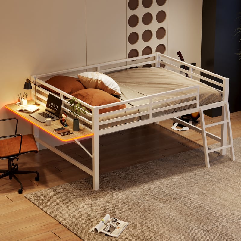 Lit Flachbett 140x200 cm - Barierka, schody i biurko składane - Białe metalo - LED z pilotem - Bez materaca
