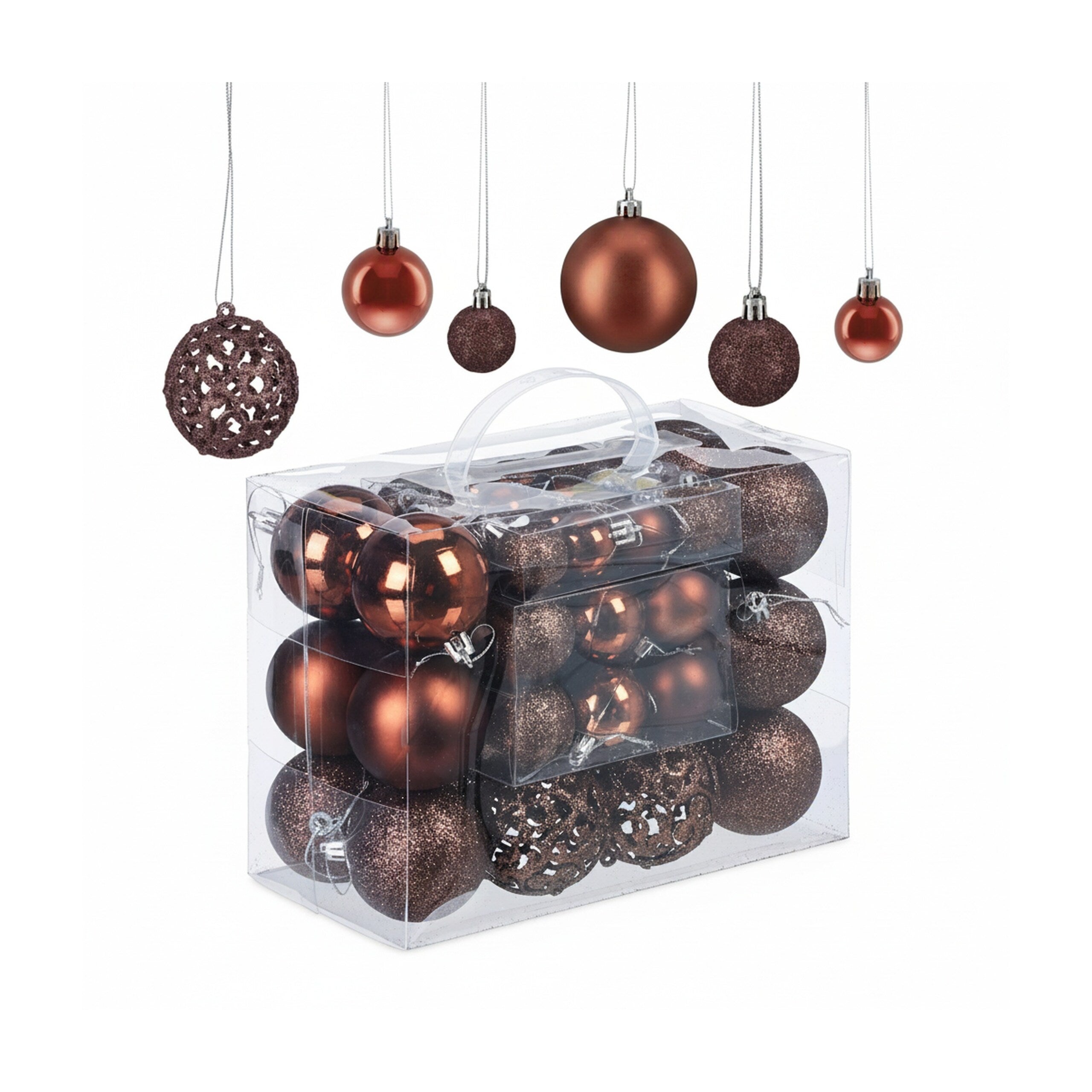 Boules de Noël en plastique, lot de 50, mates, brillantes et pailletées, ø 3, 4 et 6 cm, brunes, Relaxdays - 8