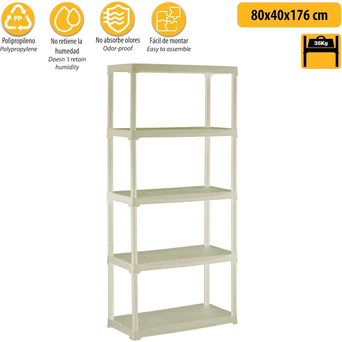 Estante de arrumacao 5 niveis 80x40x176 cm - Estante bege em polipropileno resistente - Suporta 150 kg - Anti humidade - Art Plast - 7