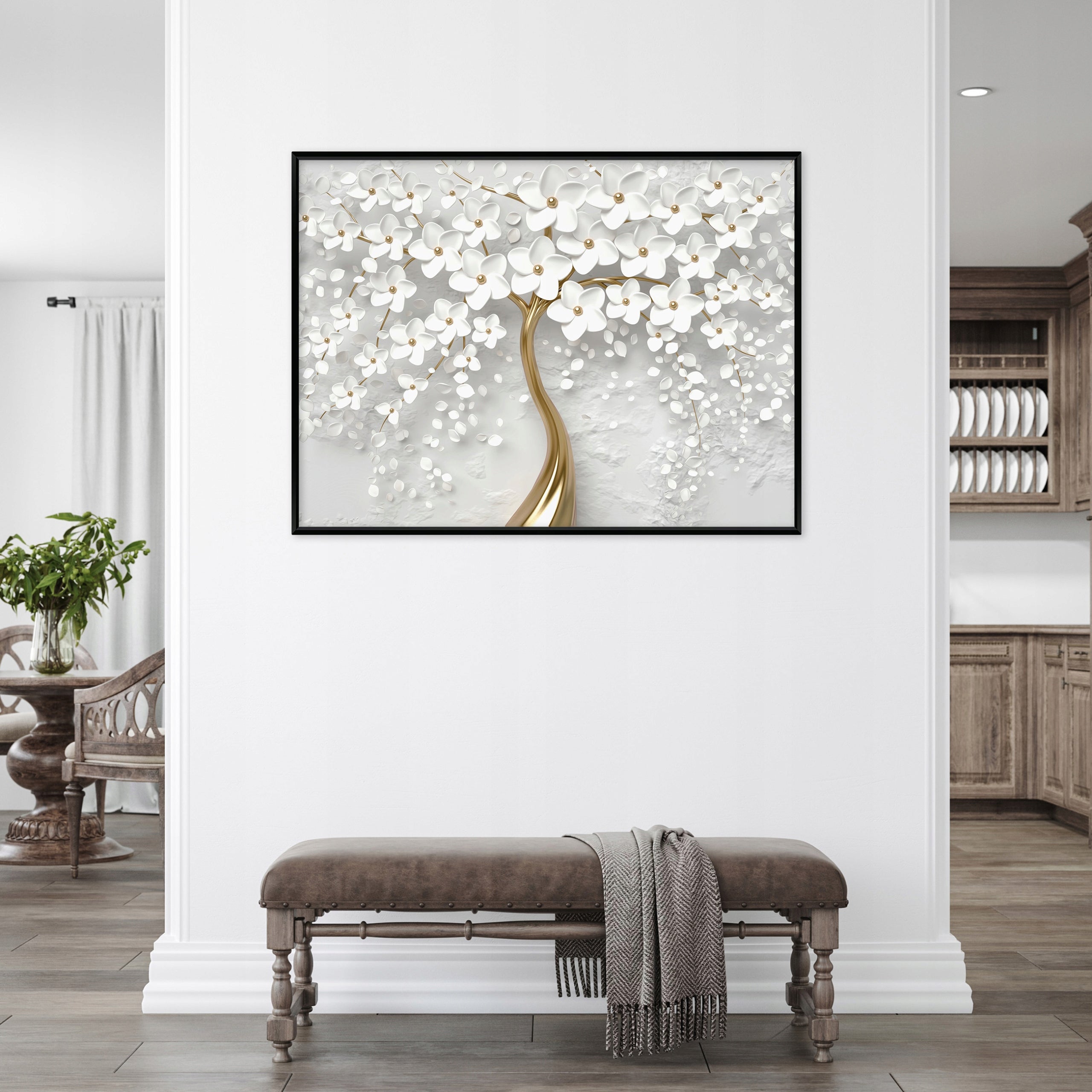 Quadro em tela com moldura, representando uma árvore bege com flores - 120x80 cm - Ideal para quarto e sala de estar. - 2