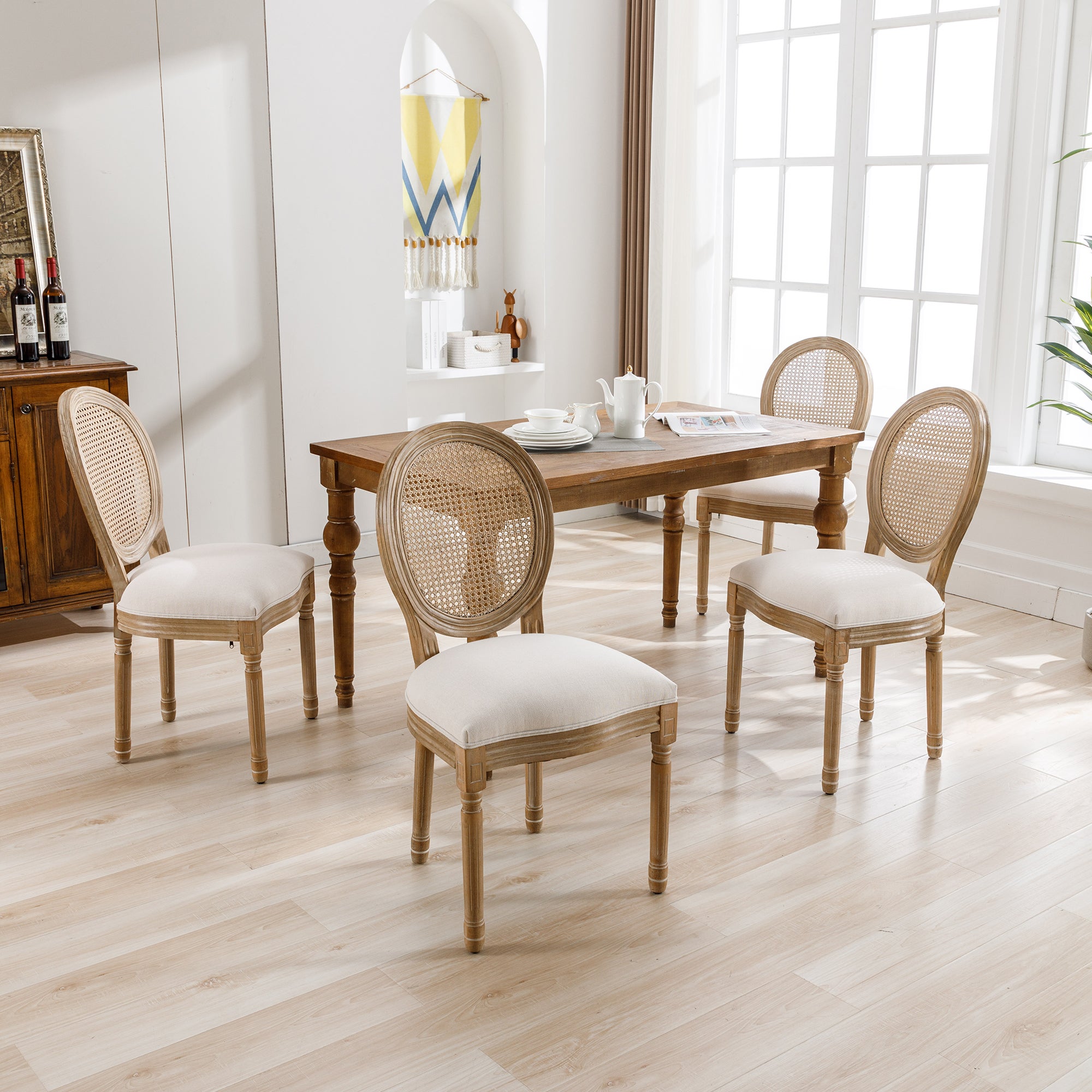 Chaises de salle à manger Ensemble de 4 chaises de cuisine avec dossier en rotin Chaise rembourrée Louis avec dossier rond Chaise médaillon, pieds en - 3