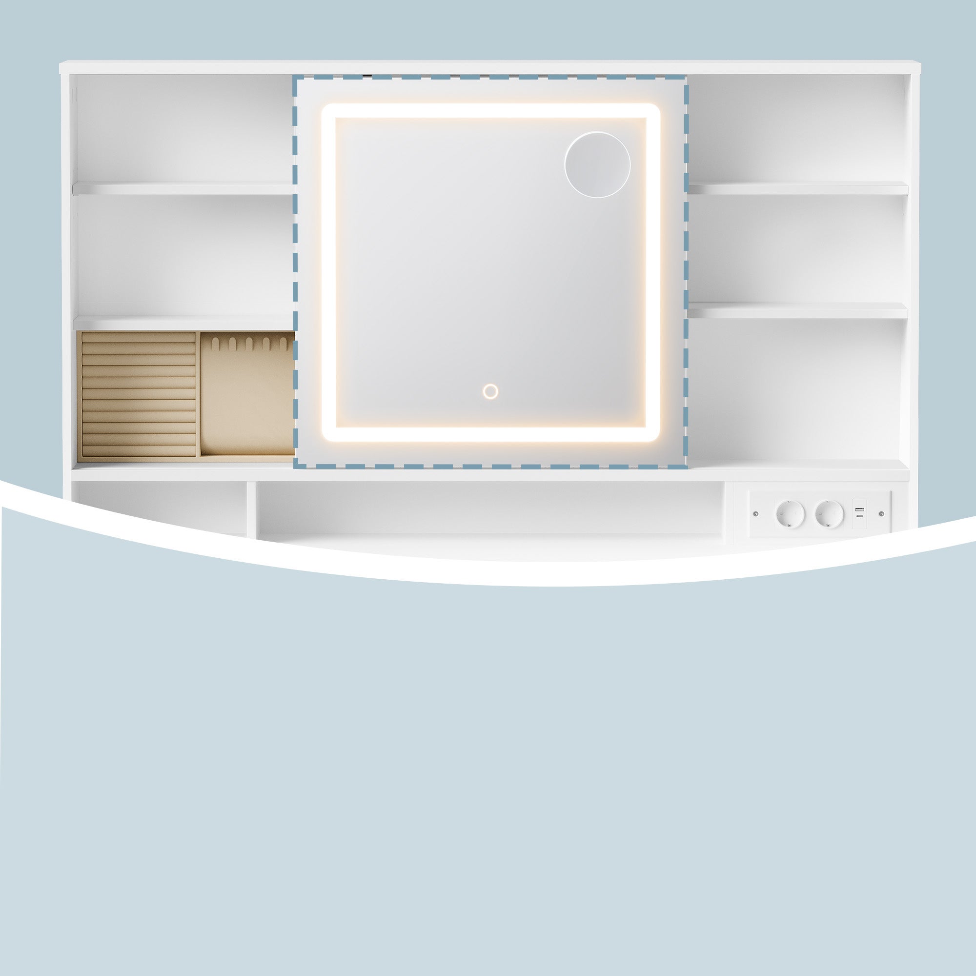 Coiffeuse avec Miroir LED, Multiprise, 9 Tiroirs, Loupe 10x, Rangement Bijoux, Éclairage 3 Couleurs, Installation des Rails sans Outils, Blanc Nuage - 3