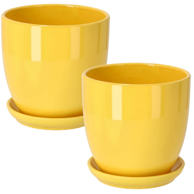 Doniczka donica osłonka ceramiczna z podstawką żółta ⌀17 cm - 2 szt. - KOTARBAU