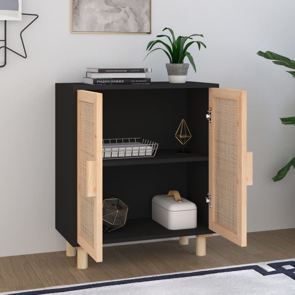 Buffet Noir 60x30x70 cm Bois de pin massif et rotin naturel - 3