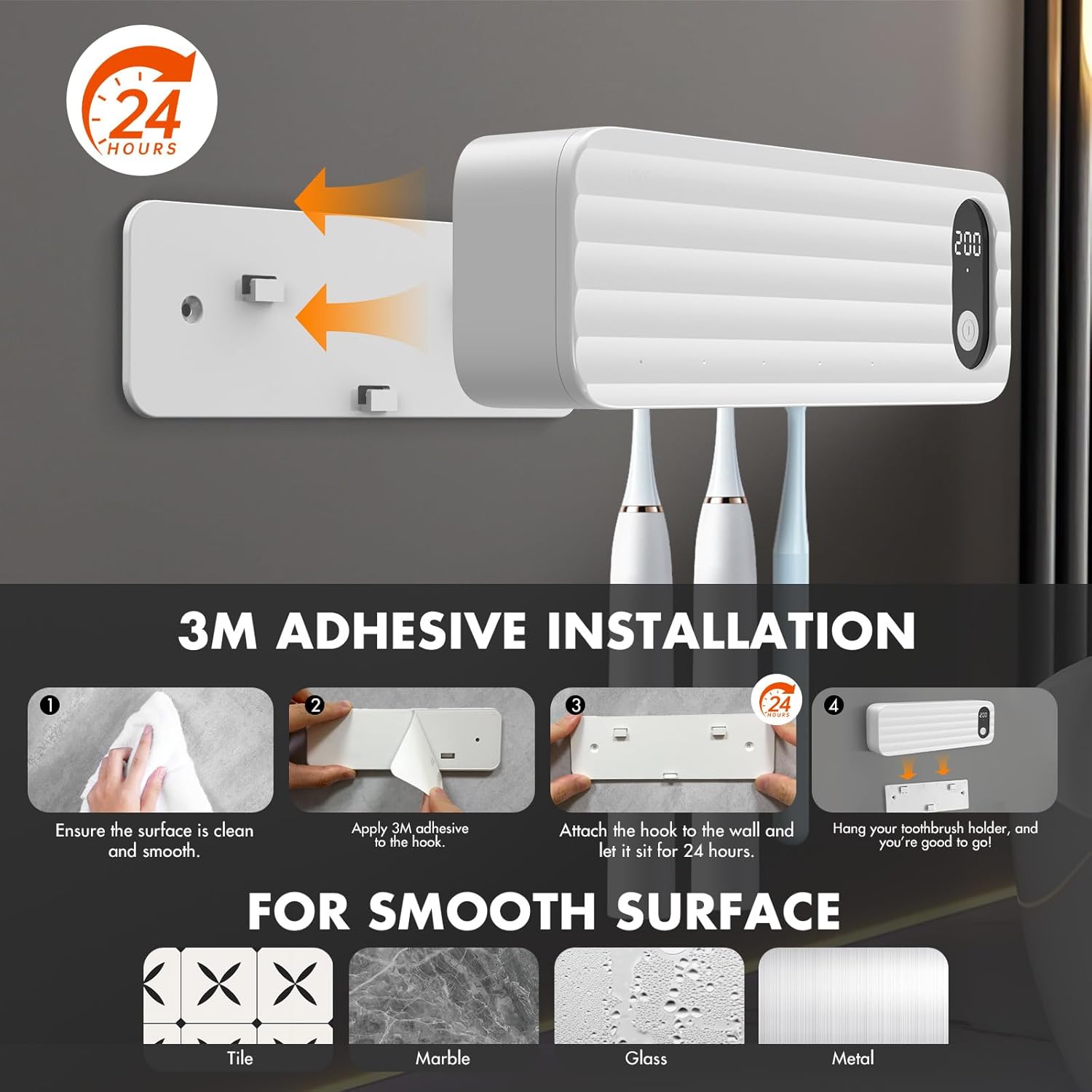 Stérilisateur de brosses à dents avec 5 emplacements, support de brosses à dents intelligent et organisateur, support mural sans fil et rechargeable - 4
