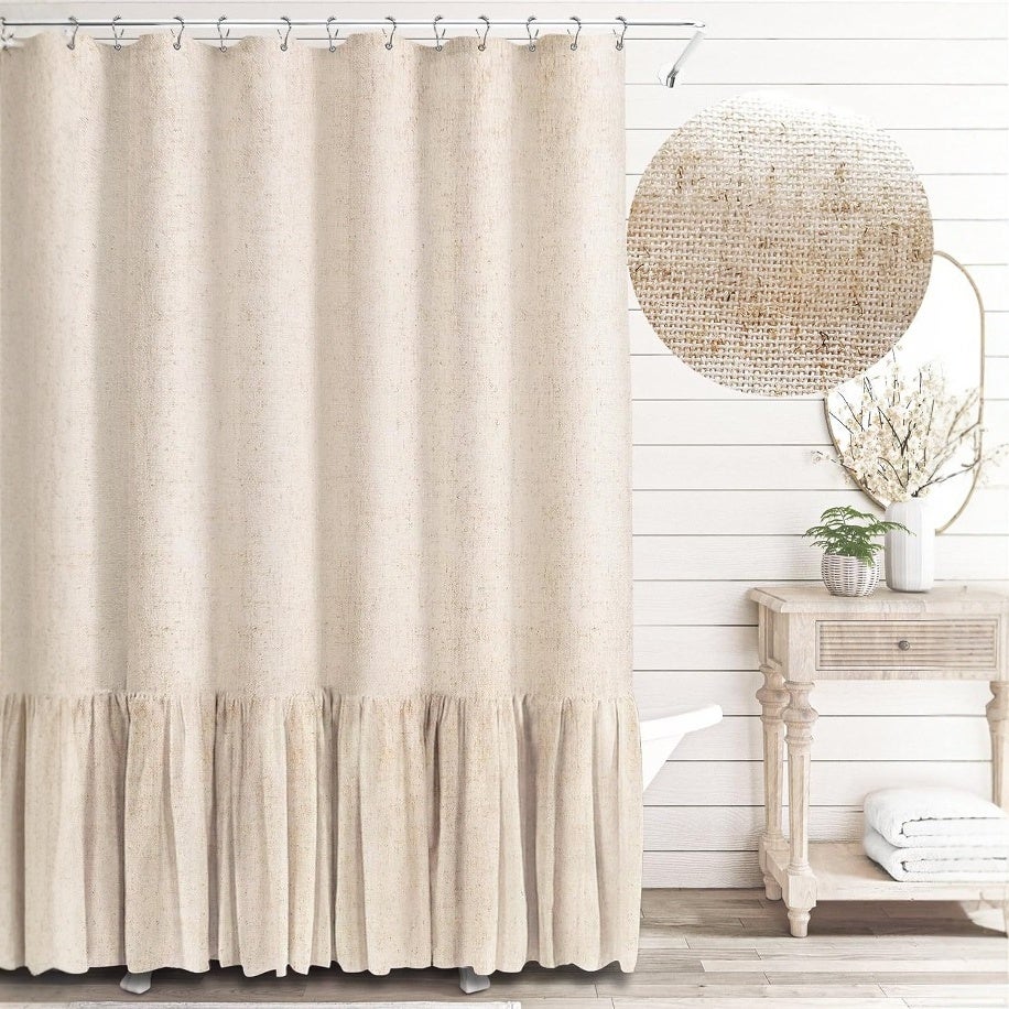 Rideau De Douche En Lin Texturé 120x200 Cm Beige Clair - Hôtel De Luxe Imperméable Anti-Moisissure Avec 8 Anneaux