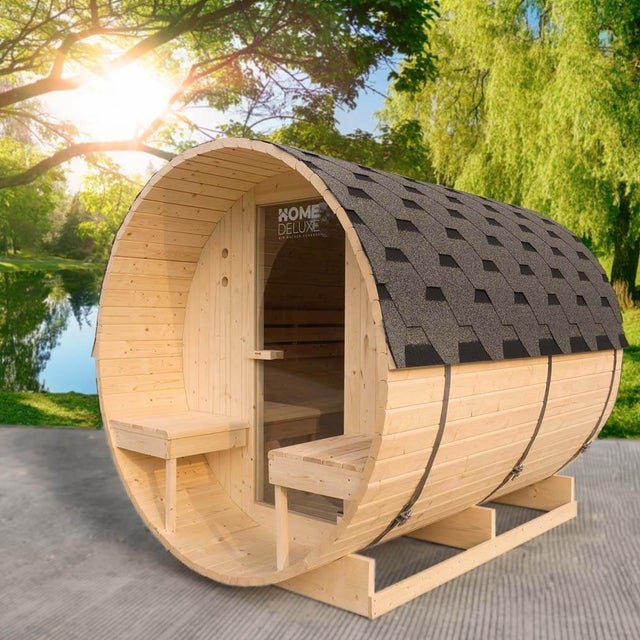 Home Deluxe - Sauna extérieur en tonneau LAHTI DELUXE L - Dimensions : env. 195 cm x 192 cm x 220 cm, bois : épicéa - avec poêle et accessoires pour