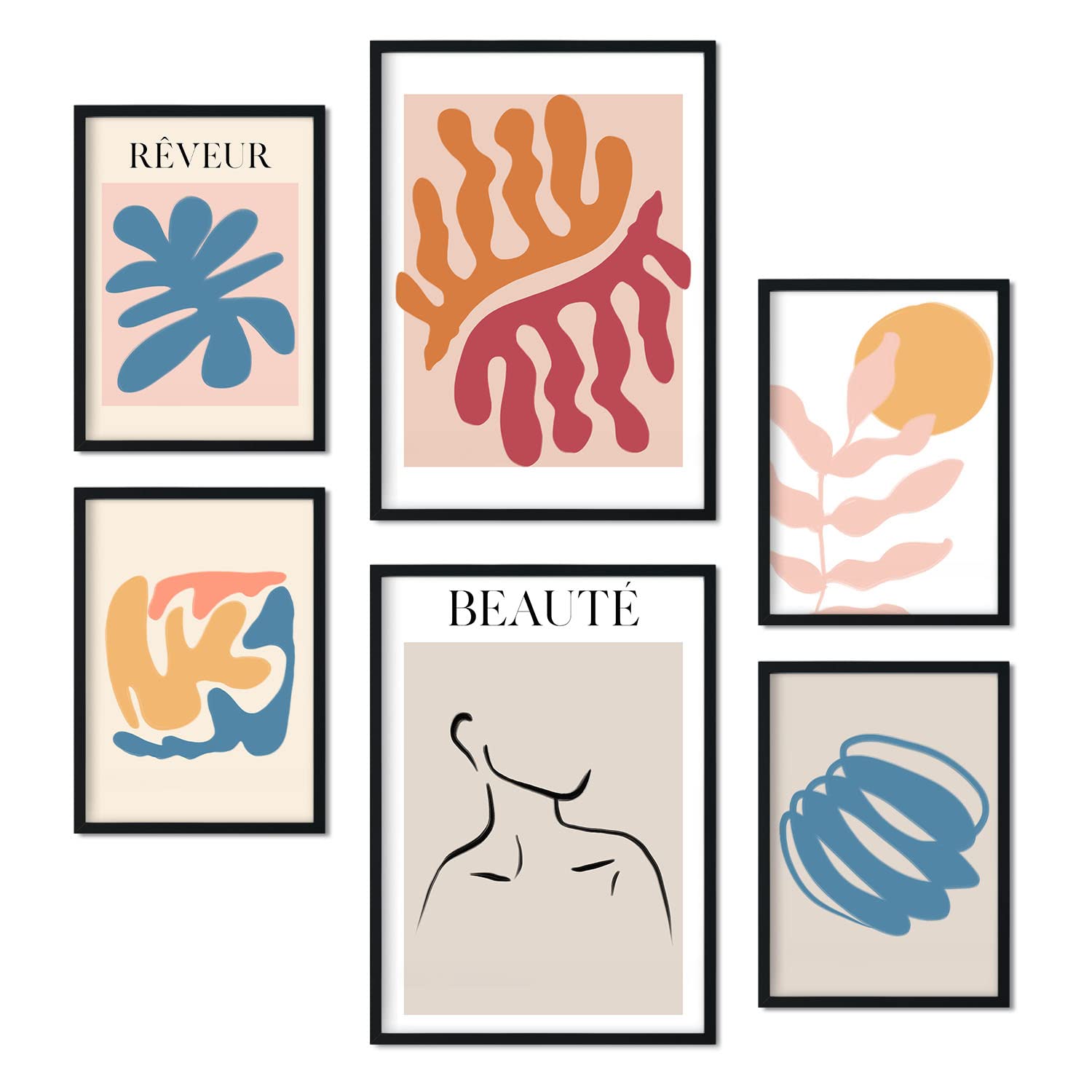 Set de 6 posters de naranja y azul colección de láminas con estética collage para la tamaños a3 y a4
