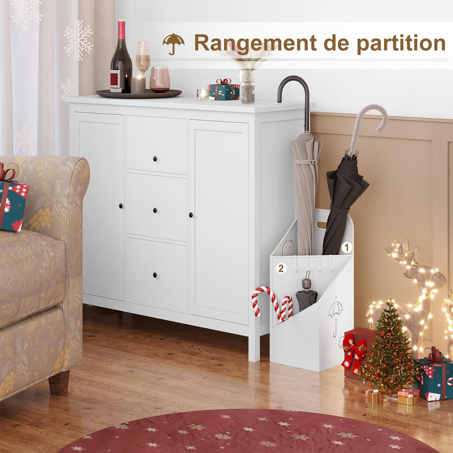 Porte-Parapluie avec 4 Crochets WOLTU, Porte-Parapluie avec 2 Zones Séparées en Métal Antirouille, Blanc - 3