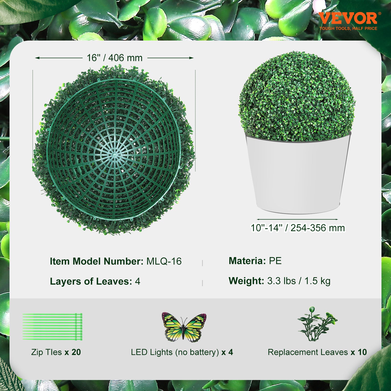 Buis Topiaire Artificiel VEVOR 406 mm Boule de Buis Artificiel Exterieur 2 Fausses Plantes PE 10 Feuilles Remplacables 4 Papillons Decoratifs pour Dec - 7