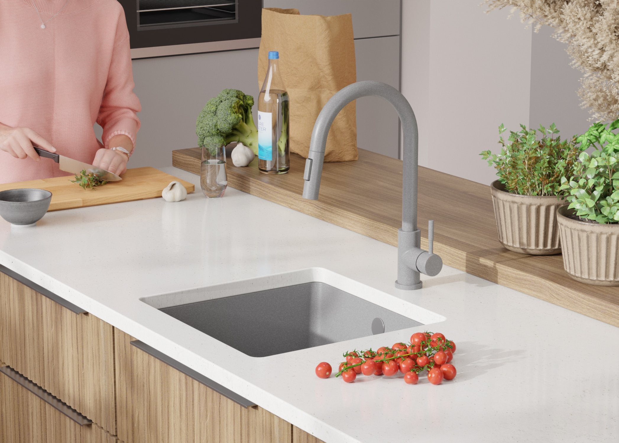 Evier Sous Plan Gris 46x44cm, Evier en Granit 1 bac + Kit de Vidage, Évier au meuble 50cm - Venise Easy PRIMAGRAN - 9