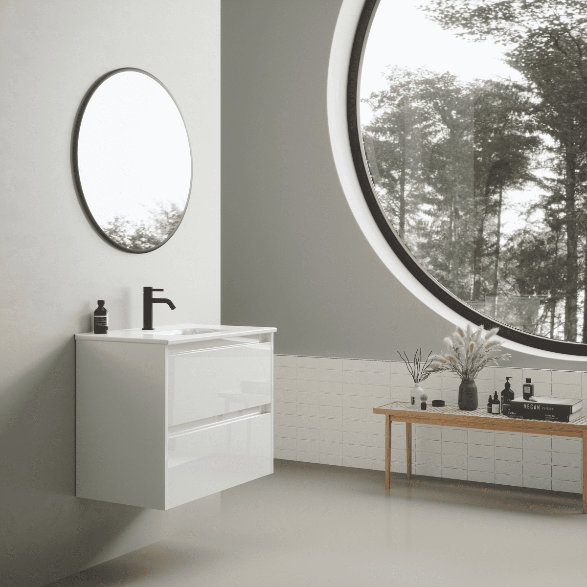 Armário de Banheiro Suspenso com Pia de Cerâmica| 2 Gavetas | 60 cm Branco brilhante - 2