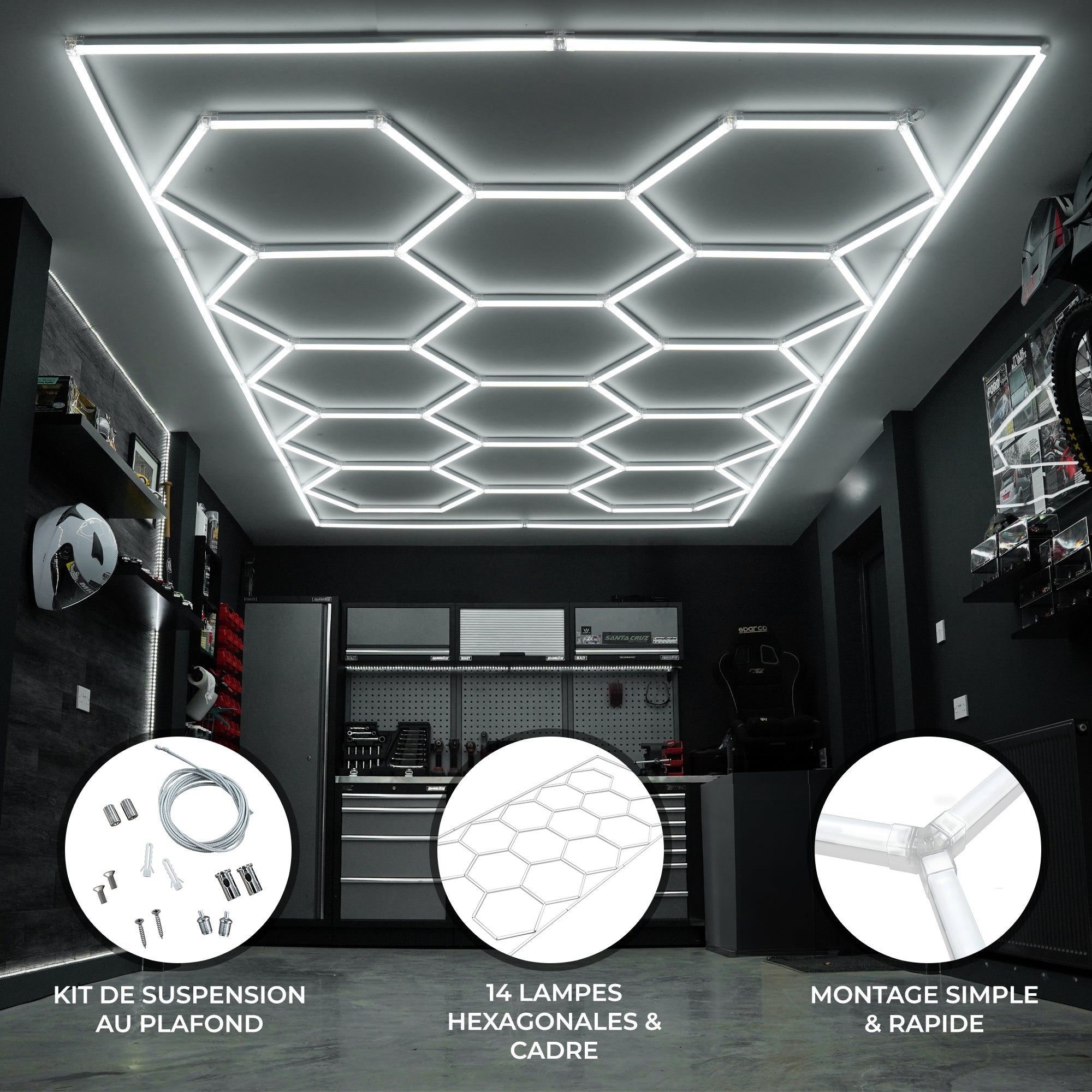 Kit Illuminazione LED Esagonale 14x con Cornice, 6000K, CRI 90, 20.000h, 57x Tubi 440mm + 12x Tubi 1175mm, Montaggio a - 2