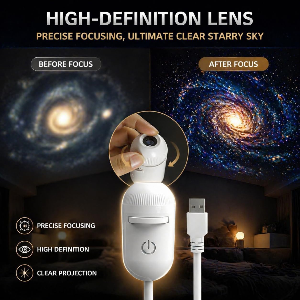 Luce notturna galattica 2 in 1, proiettore galattico USB con 12 pellicole di proiezione scorrevoli, luce notturna regolabile a 360° per camera da le - 5