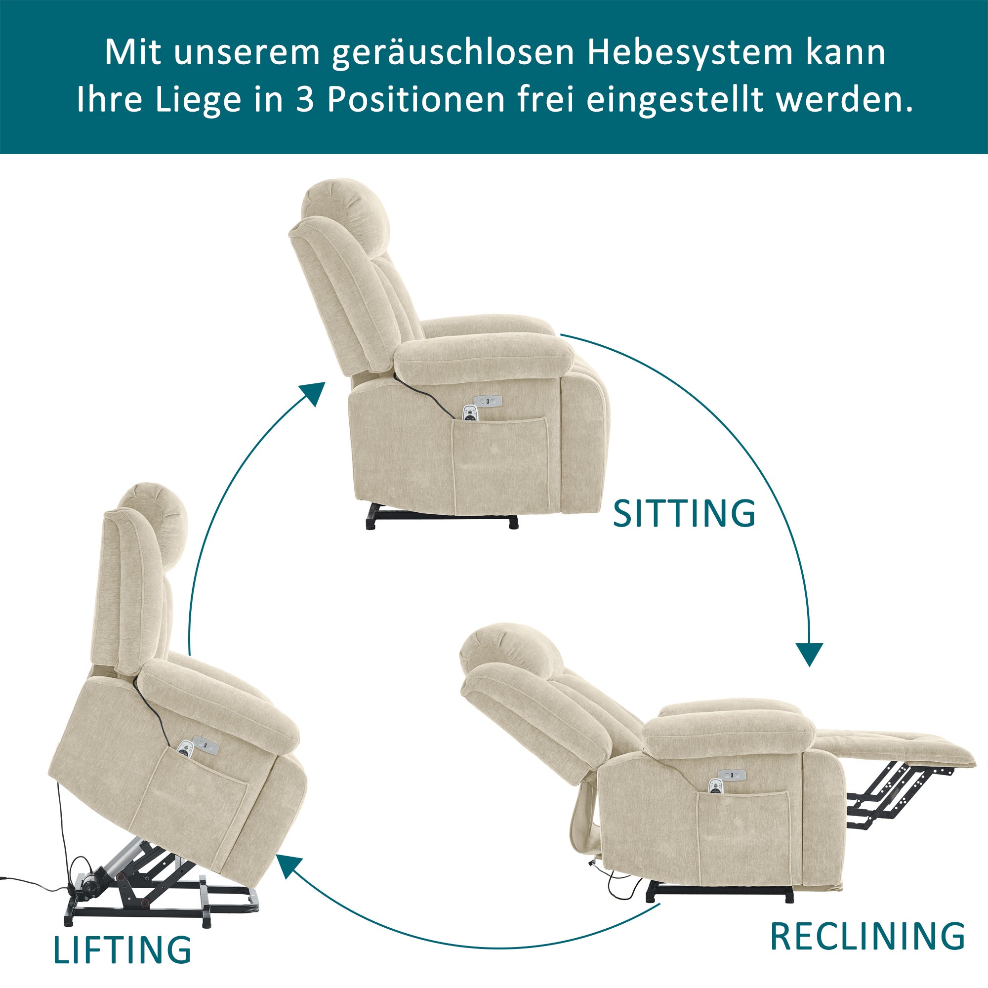 Fauteuil de massage électrique inclinable avec massage 8 points et fonction chauffante - 95 x 94 x 107 cm - Prise USB - Tissu en chenille - Beige - 5