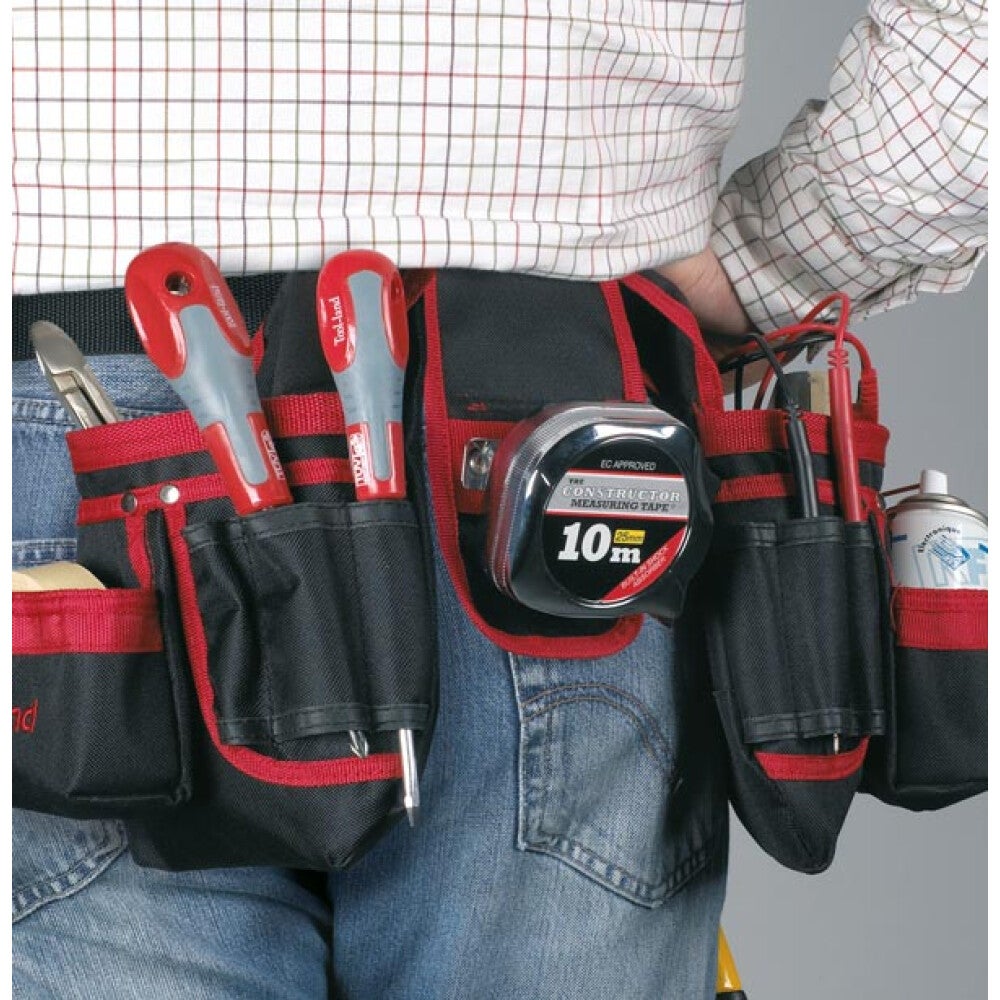 Toolland Porte-outils double pour ceinture, nylon, riveté, multiples poches, porte-marteau, noir/rouge - 2