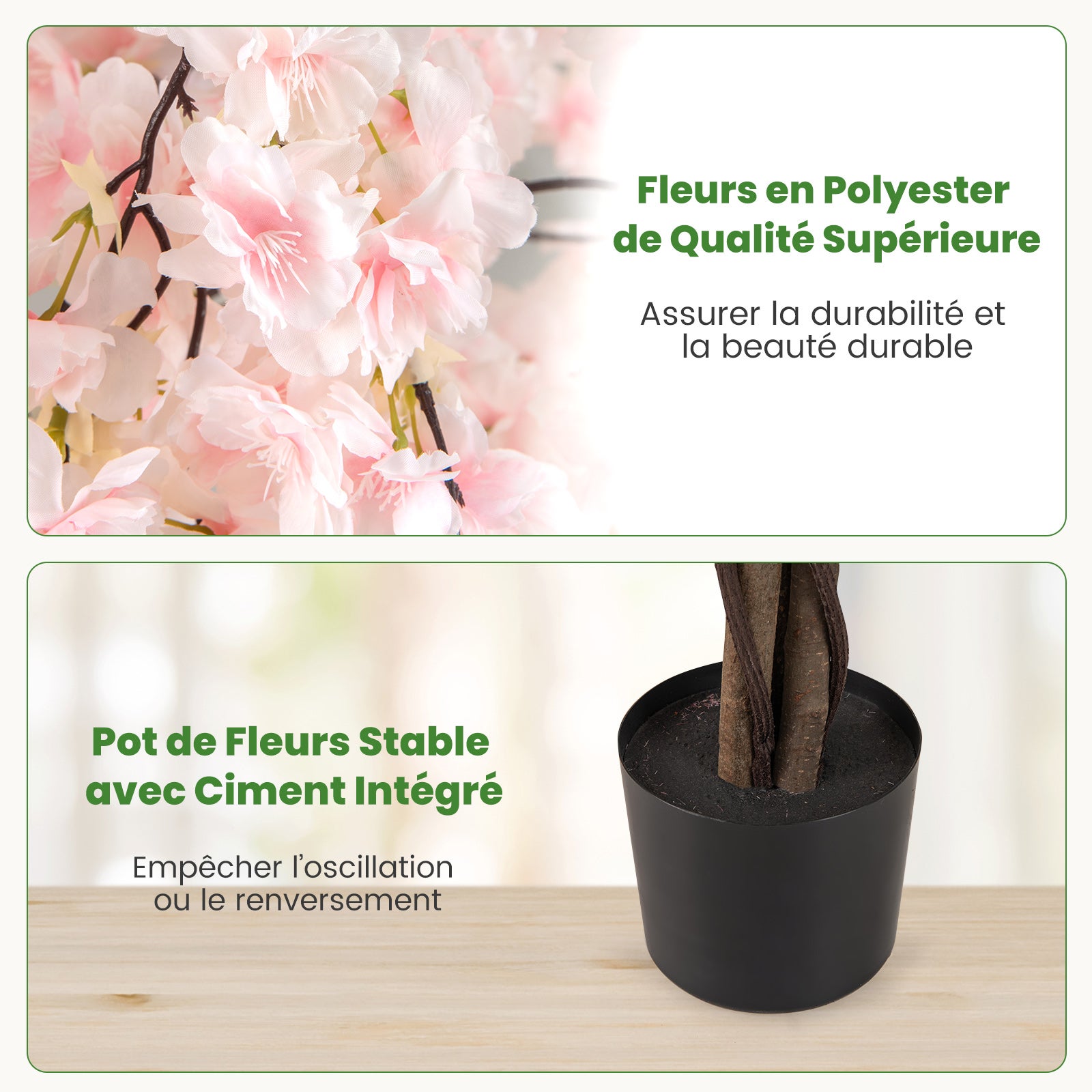 Cerisier Artificiel Réaliste 163 CM, Plante Artificielle en Pot avec Fleurs Roses et Blanches, Arbre Florale Décorative Intérieur Extérieur, Blanc - 8