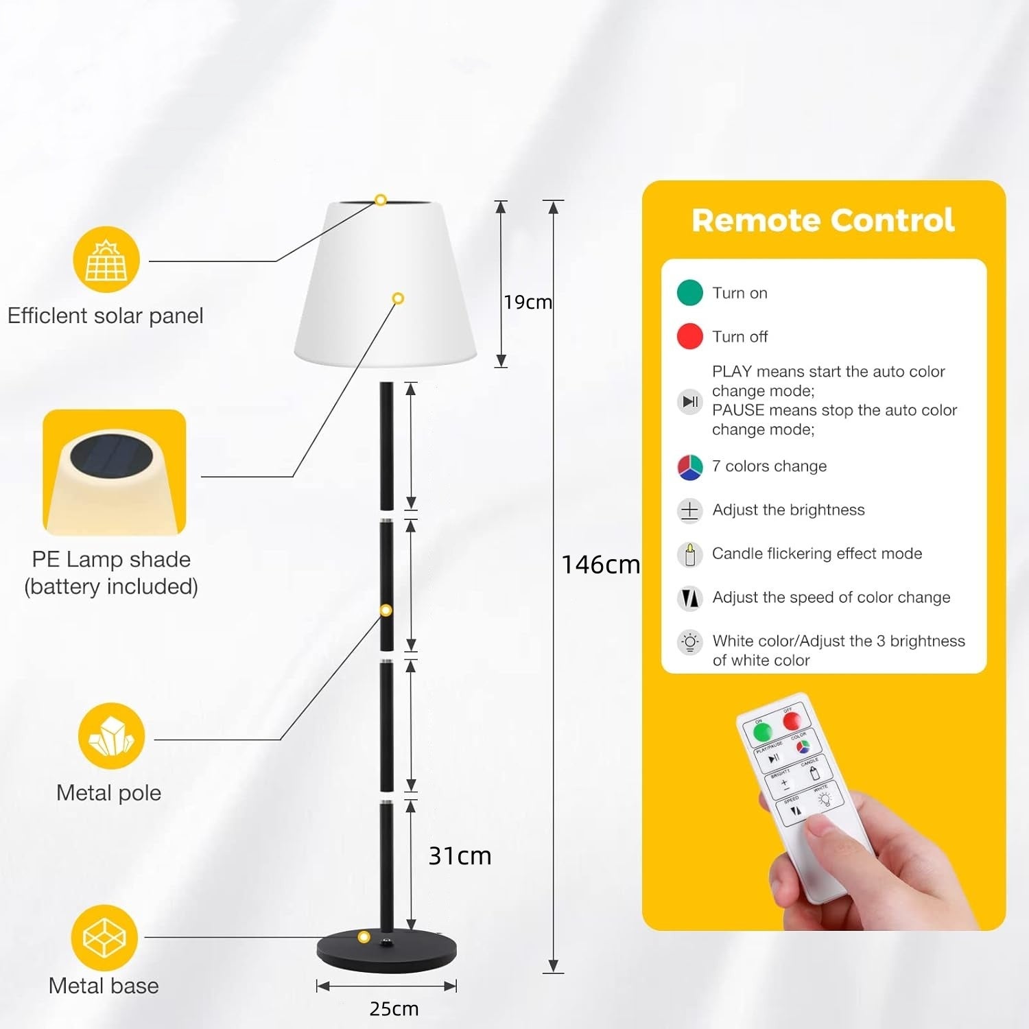 Lampada da terra solare, funziona con energia solare/USB, lampada da terra RGB dimmerabile, cambia colore, per feste/atmosfera festosa, nero 3000K - 6