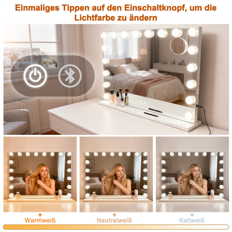 Lustro do makijażu Nettlife Hollywood z diodami LED i Bluetooth, 18 diodami LED, duże lustro toaletowe, światło i muzyka, 3 tryby - 2