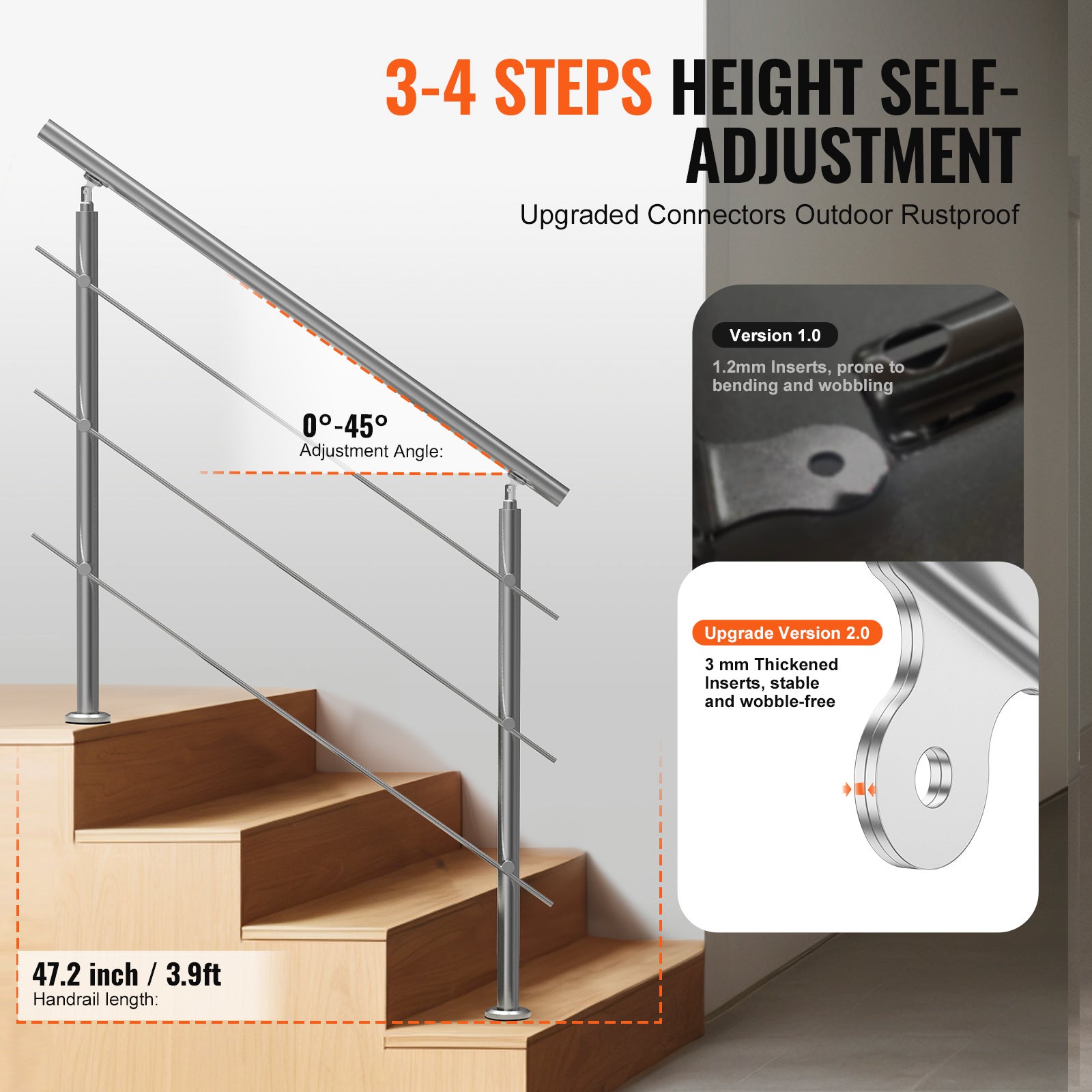 Rampes extérieures SucceBuy 47,2 po,3 barres transversales,design double colonne,rampes inox avec kit d'installation. - 5