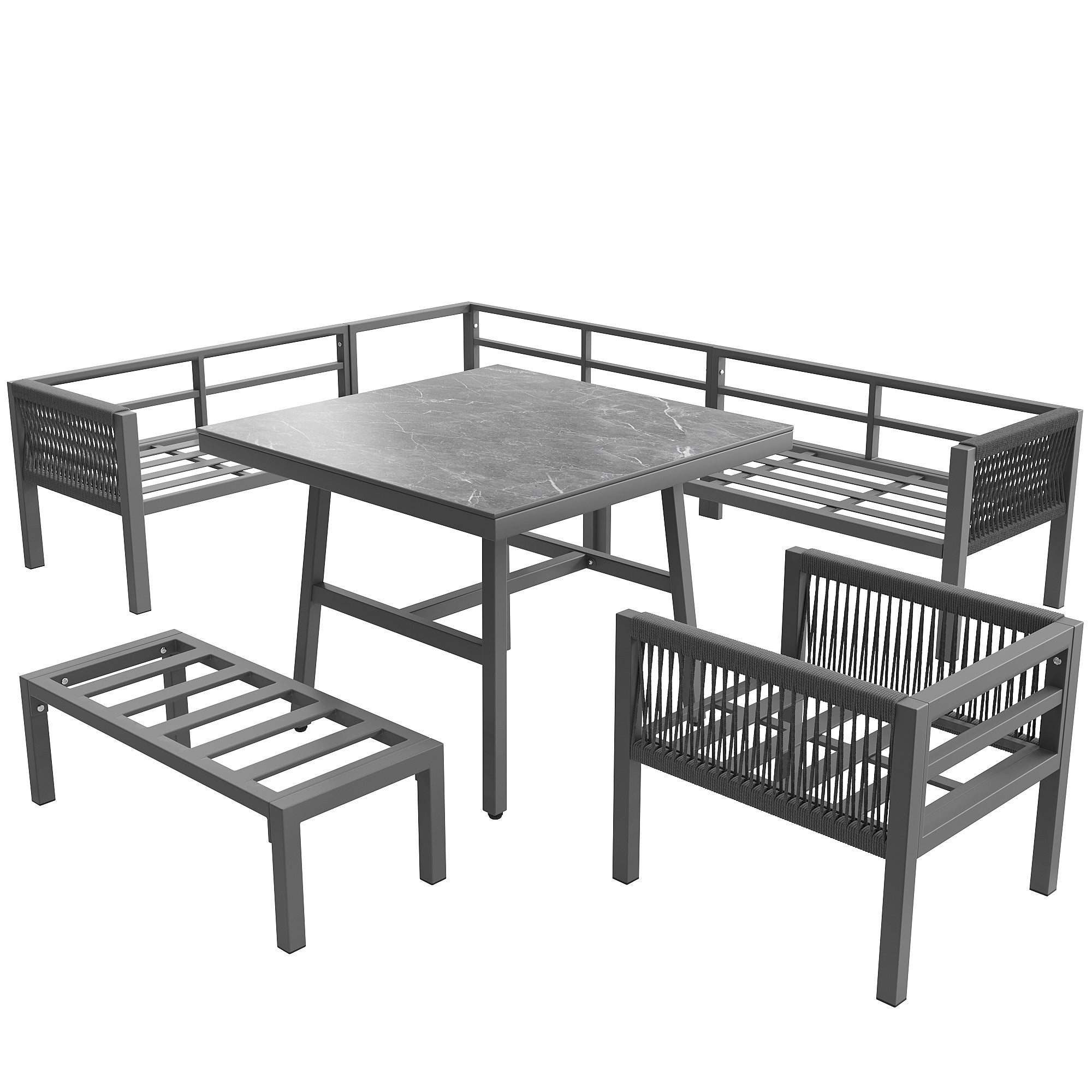 Conjunto Jardín Exterior de Trenzado a mano 9 Plazas Set Jardín en Forma de L con Sofá de Esquina+1 Mesa de Cristal Marmolado+1 Sillón+ 1 Banco - Gris - 6