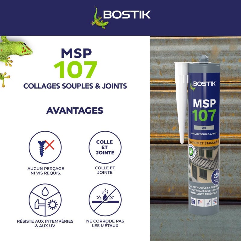 Mastic multi-usages colle et joint MSP 107 290ml (Blanc, Gris, Brun ou Noir) BOSTIK - 5