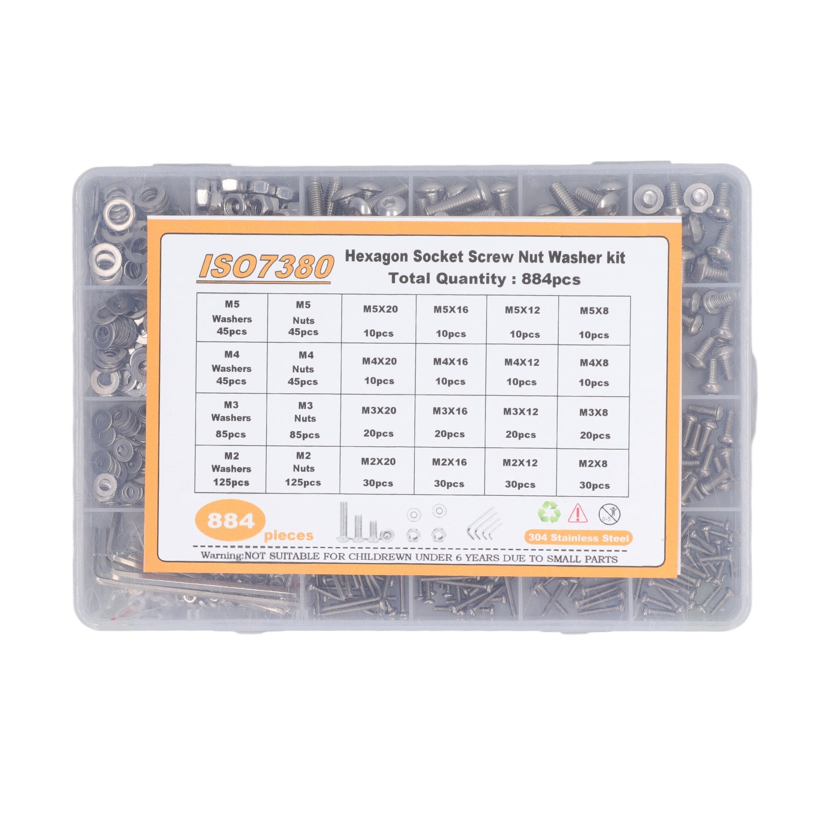 Kit 884 uds tornillos hexagonales M2–M5 acero inoxidable 304 + arandelas + 4 llaves Allen + estuche - 2