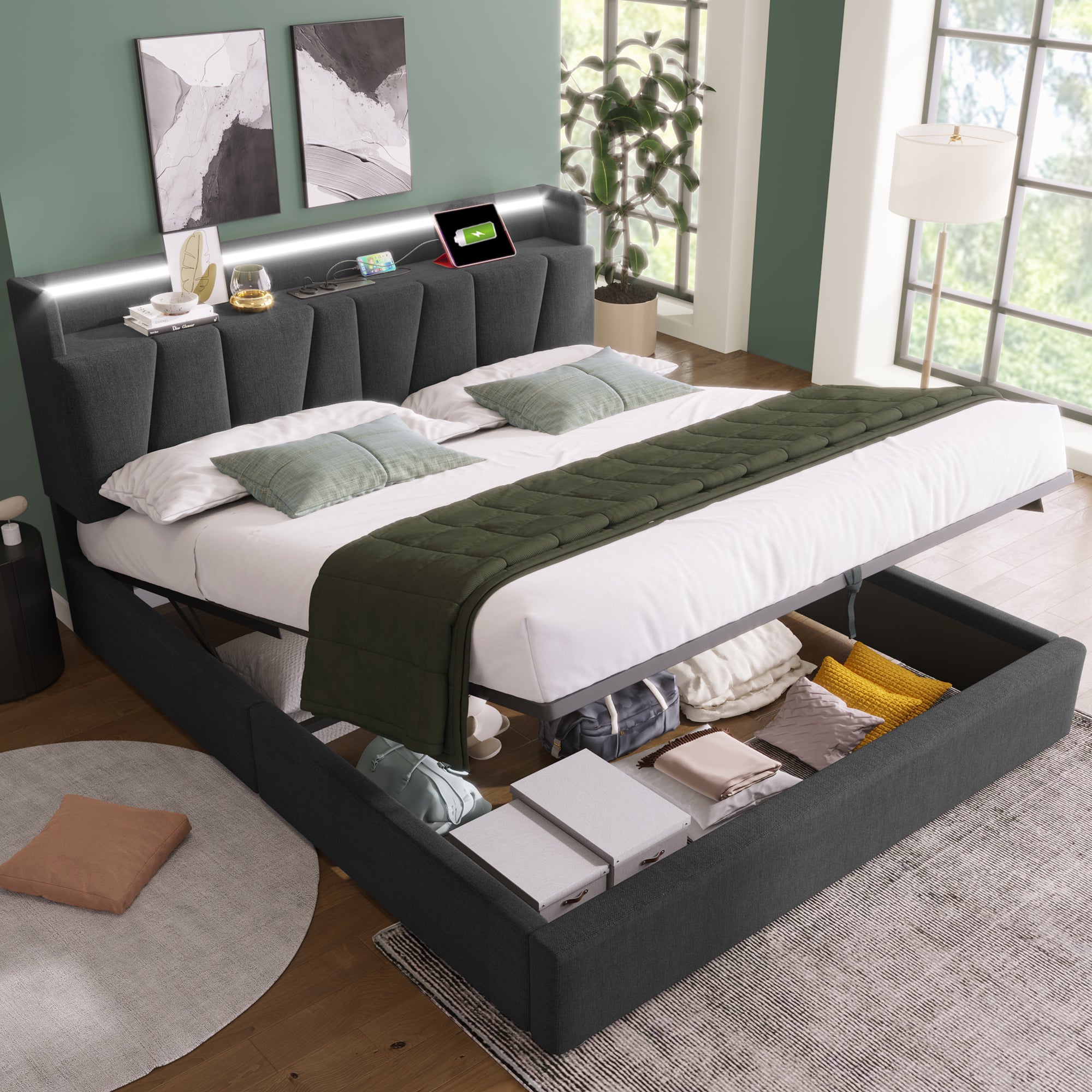 Lit Coffre 160x200 cm,Lit Double Gris,avec 2 Ports USB,2 Prises Électriques,Éclairage LED,Structure en Lin + Bois - 2
