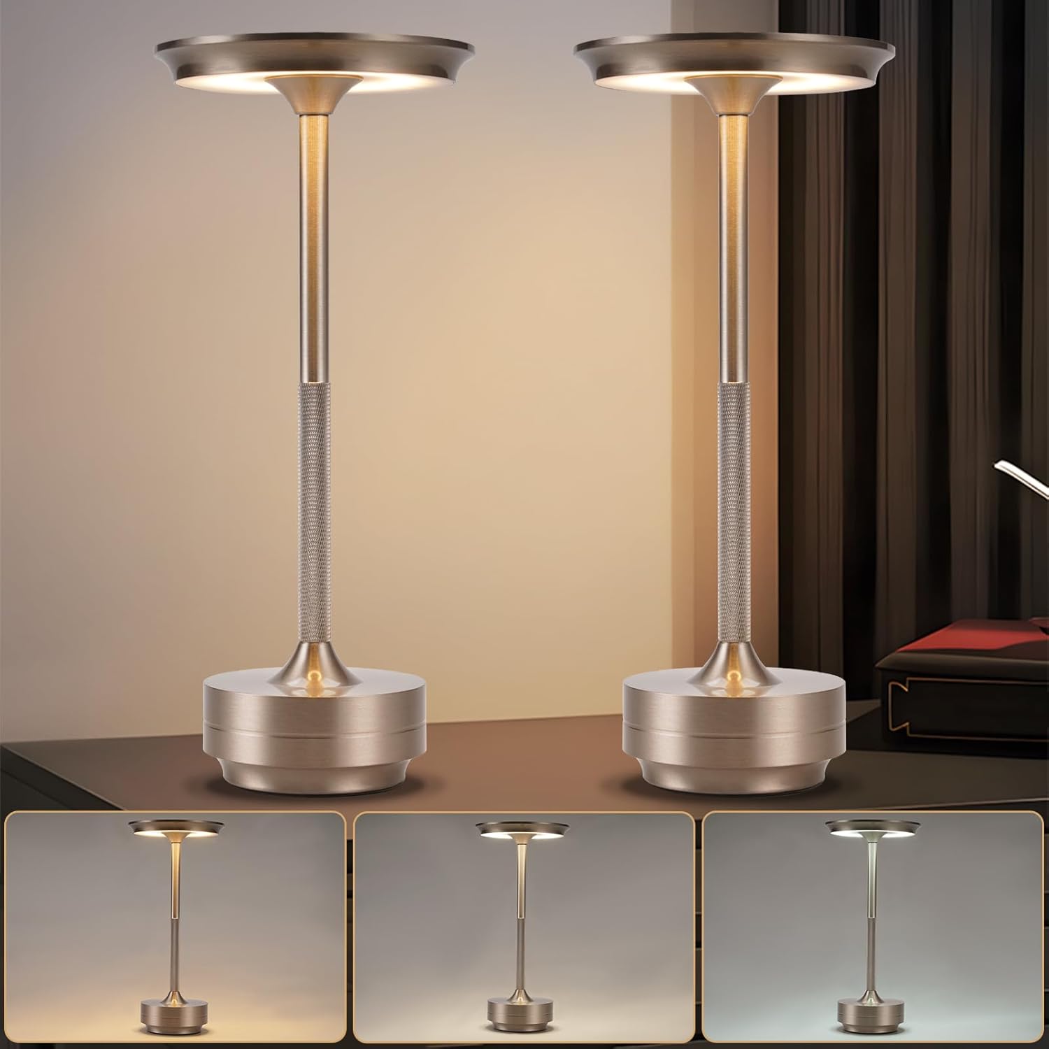 Nettlife Bezprzewodowa lampka nocna, lampa stołowa LED zasilana bateryjnie, ściemnialna lampa dotykowa z akumulatorem USB, 2 sztuki