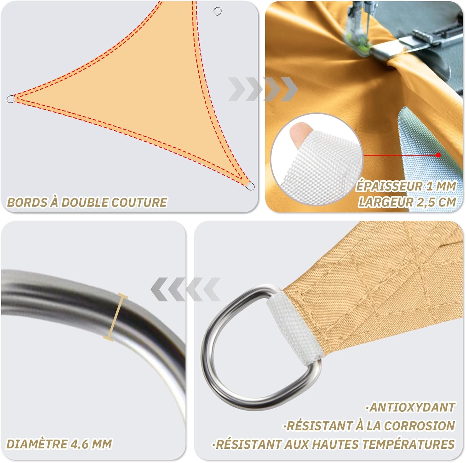 Voile d'ombrage imperméable, triangle de 4 x 4 x 4 mètres, toile d'ombrage pour patio extérieur terrasse balcon, jaune sable - 2