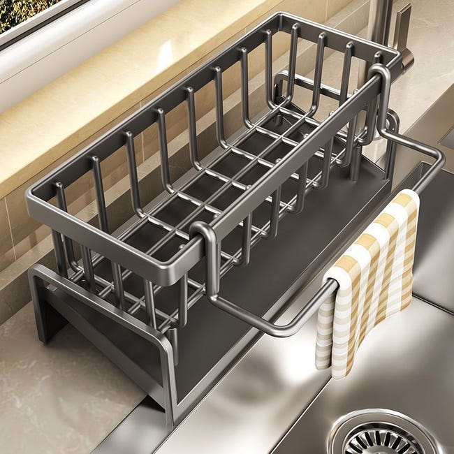 Organizer Lavandino Cucina Sospeso - Porta Spugne E Detersivi Senza Forare | Acciaio Inox Nero 30x13cm - Foto 4